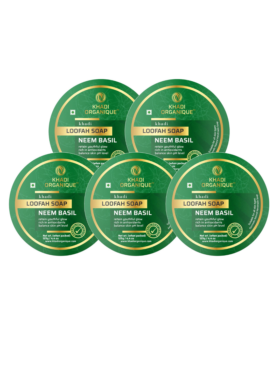 Khadi Organique Set of 5 Neem Basil Loofah Soap with Essential Oils 125 gm (Each)
