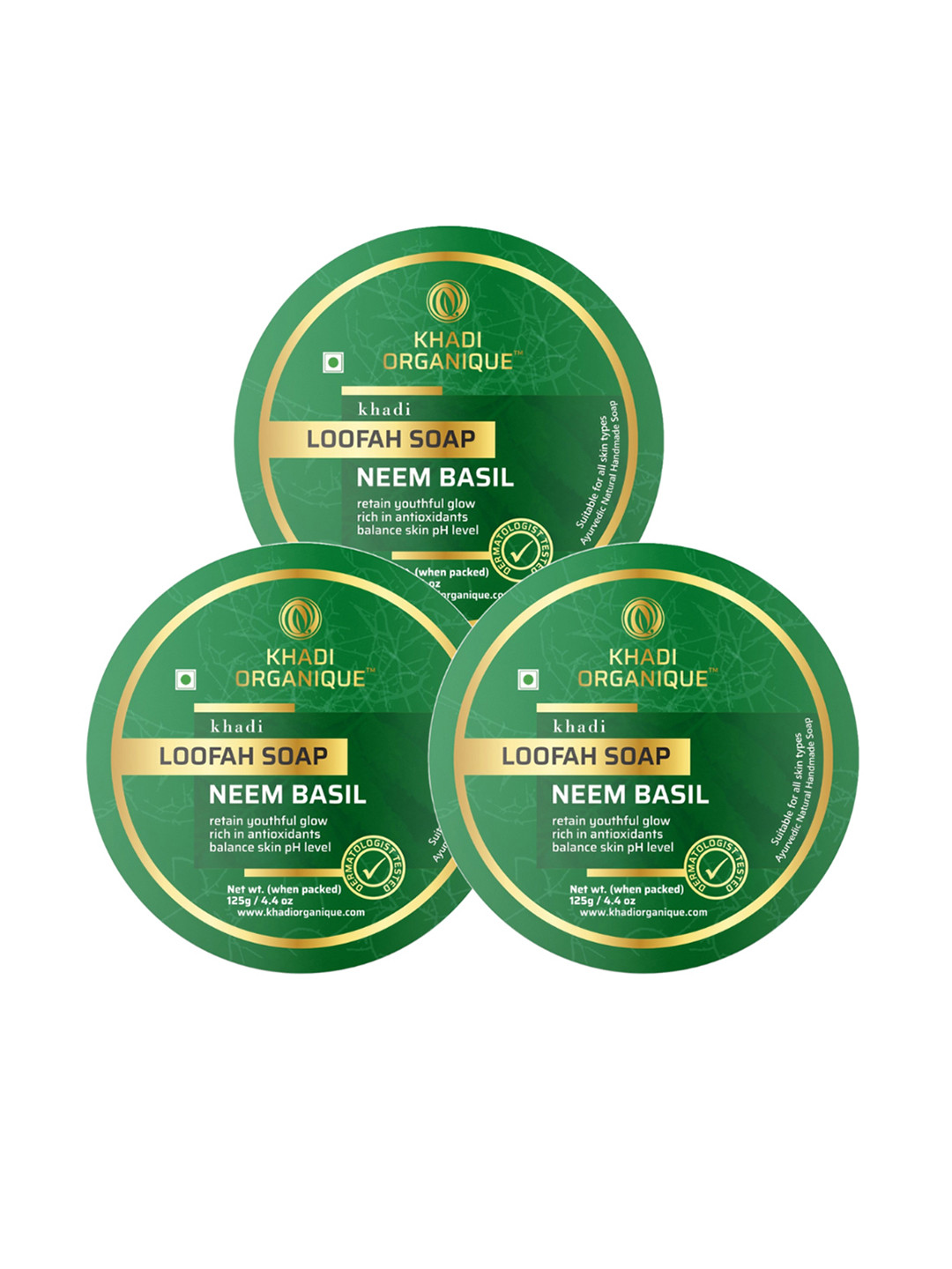 Khadi Organique Set of 3 Neem Basil Loofah Soap with Essential Oils 125 gm (Each)