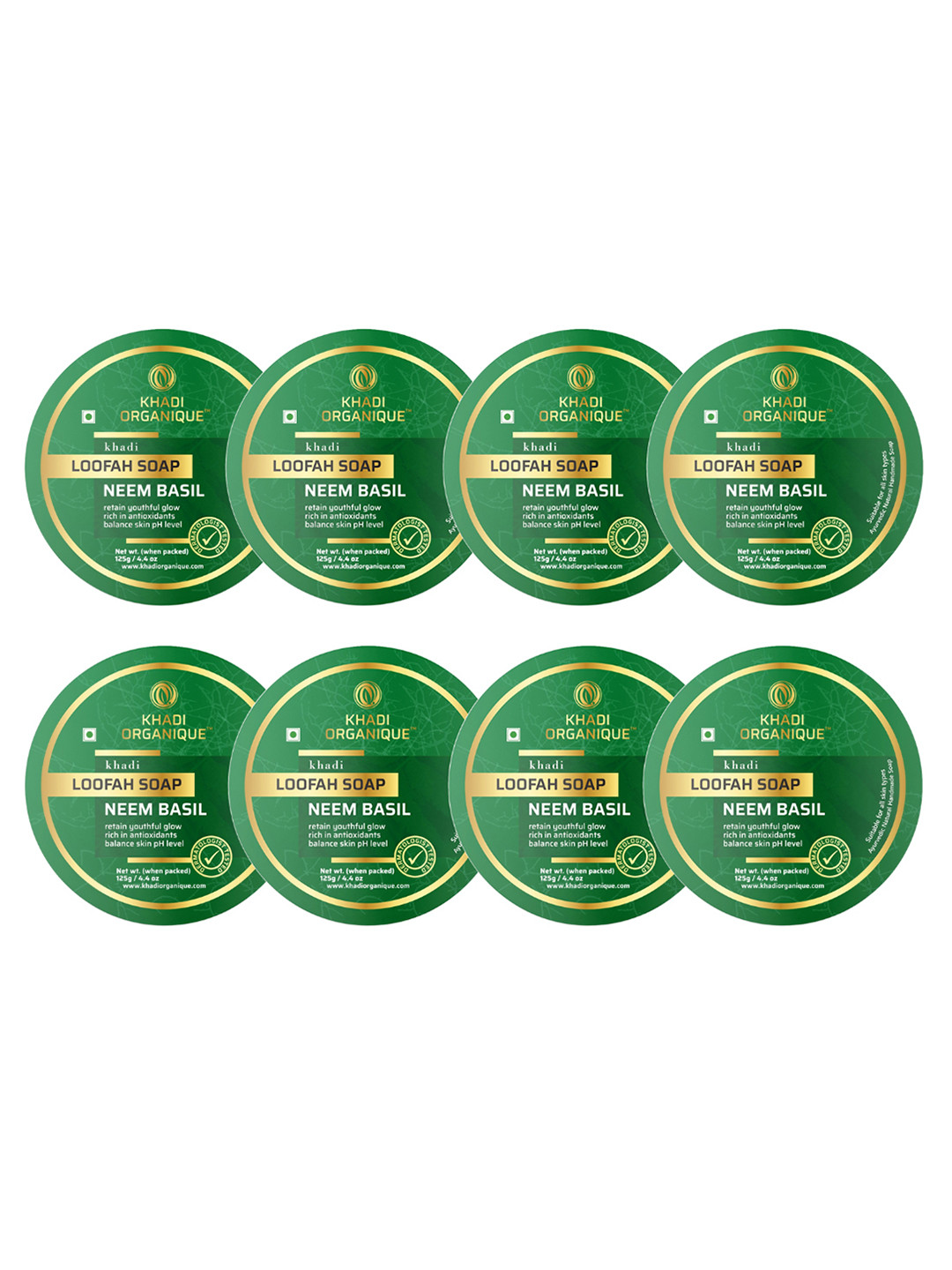 Khadi Organique Set of 8 Neem Basil Loofah Soap with Essential Oils 125 gm (Each)