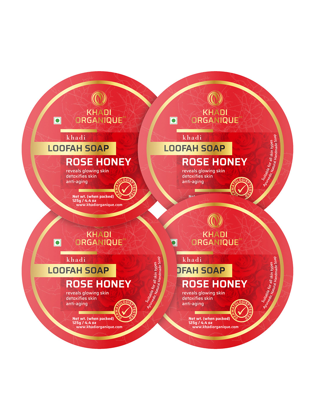 Khadi Organique Set of 4 Rose Honey Loofah Soap with Essential Oils - 125g Each