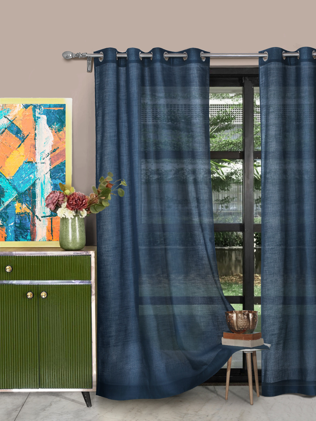 ROSARA HOME Navy Blue Set of 2 Sheer Long Door Curtain