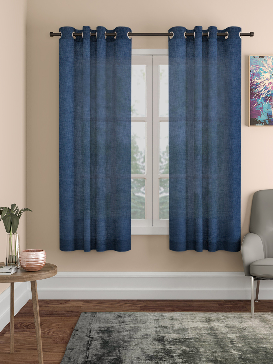 ROSARA HOME Pack of 2 Navy Blue Polyester Solid Sheer Window Curtain