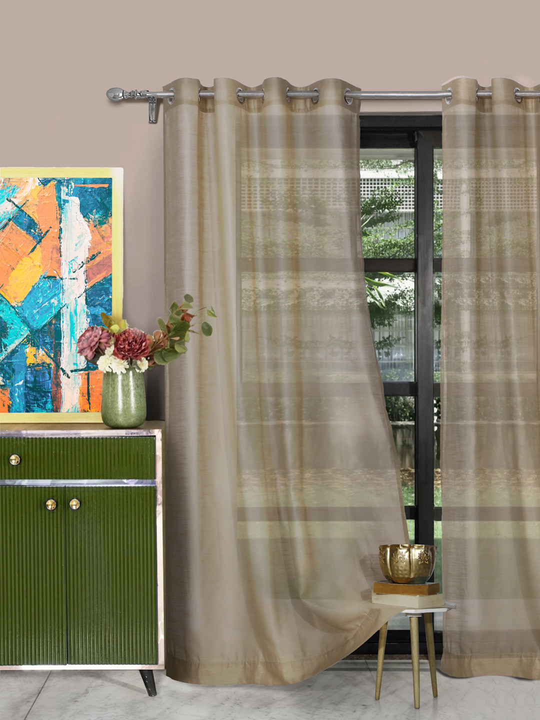 ROSARA HOME Pack of 2 Taupe Solid Polyester Sheer Long Door Curtain