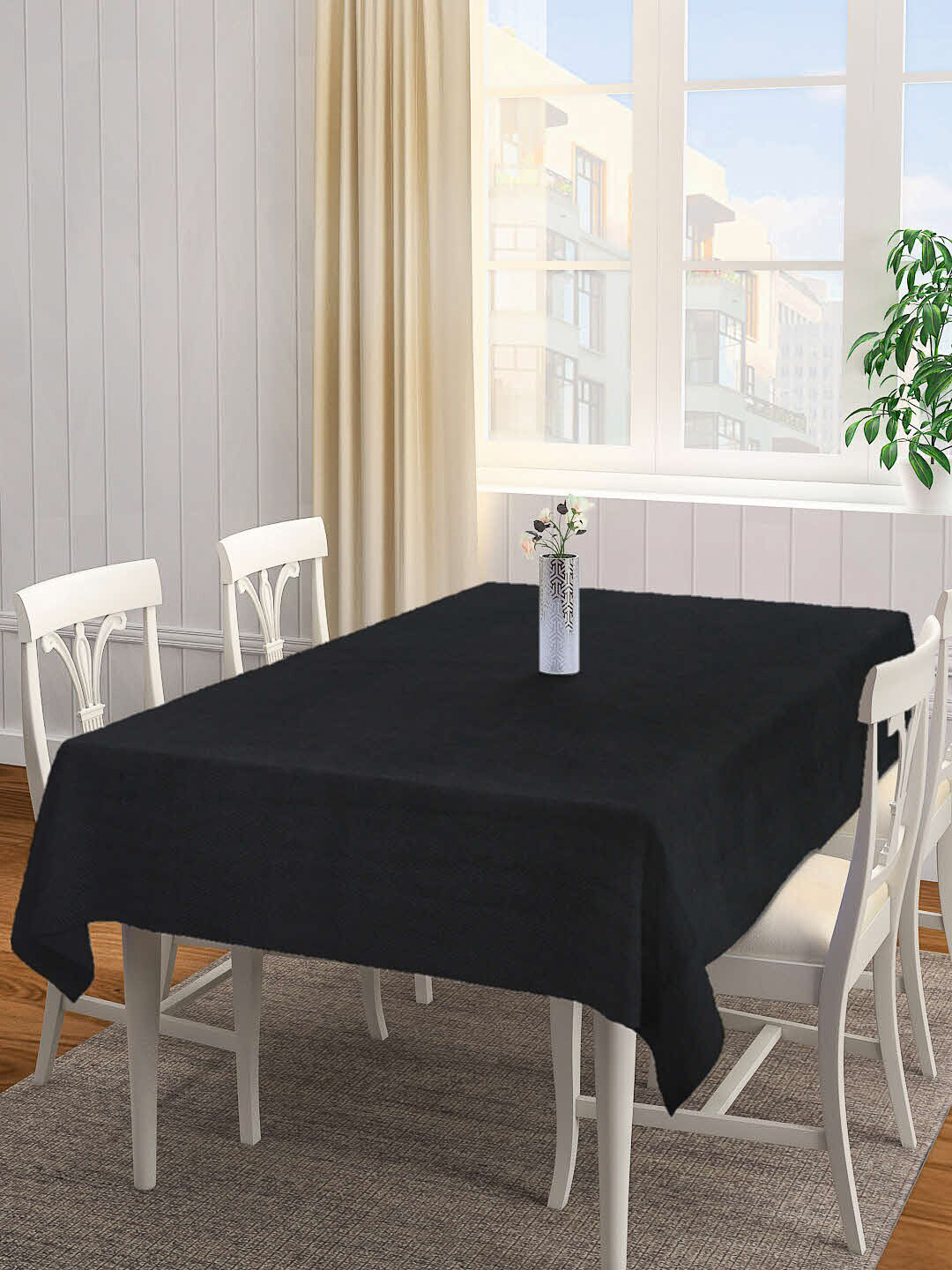 KLOTTHE Black Woven Design Solid 6-Seater Rectangular Table Cover