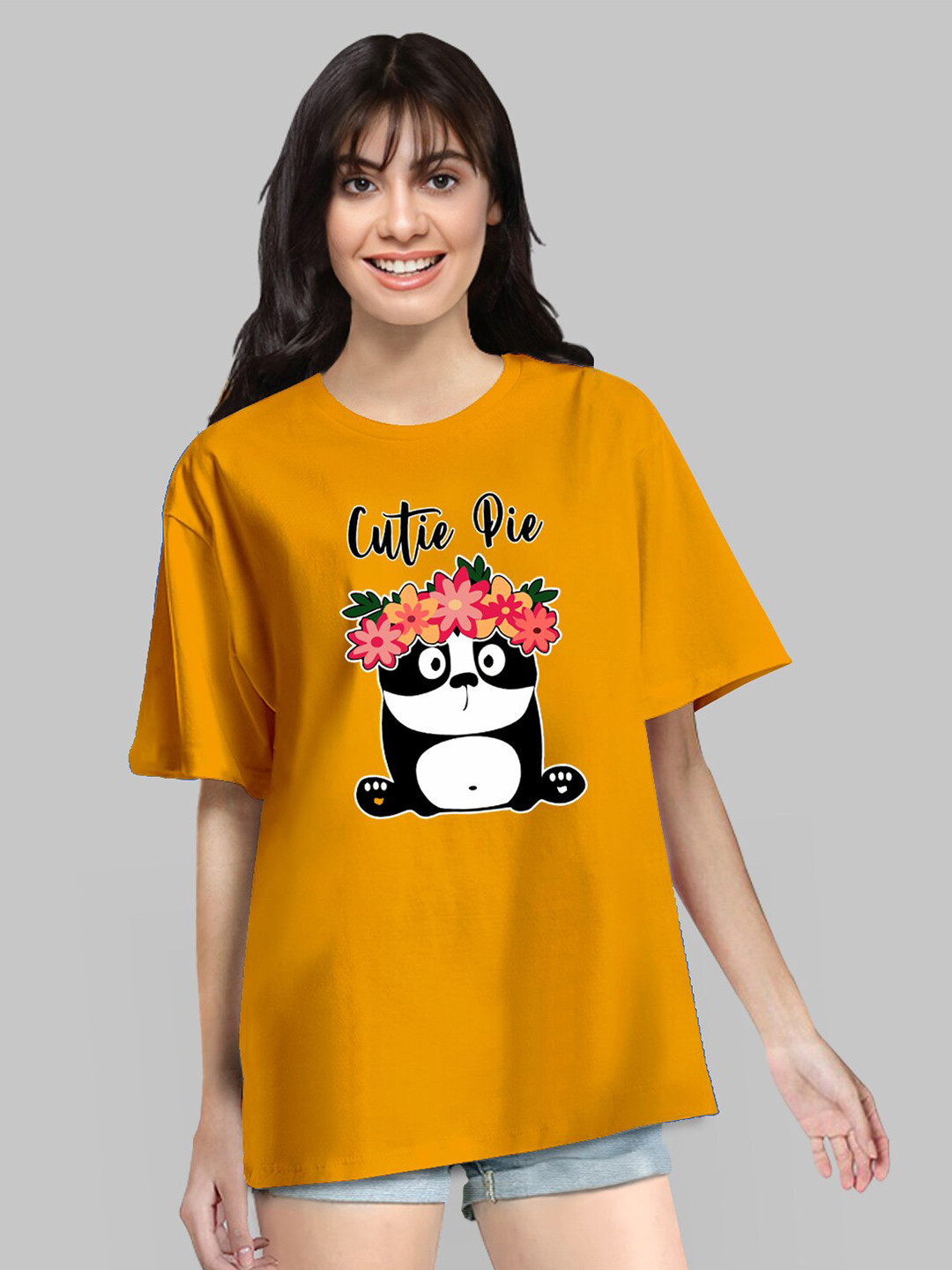 Pootlu Women Yellow Printed Oversized T-shirt