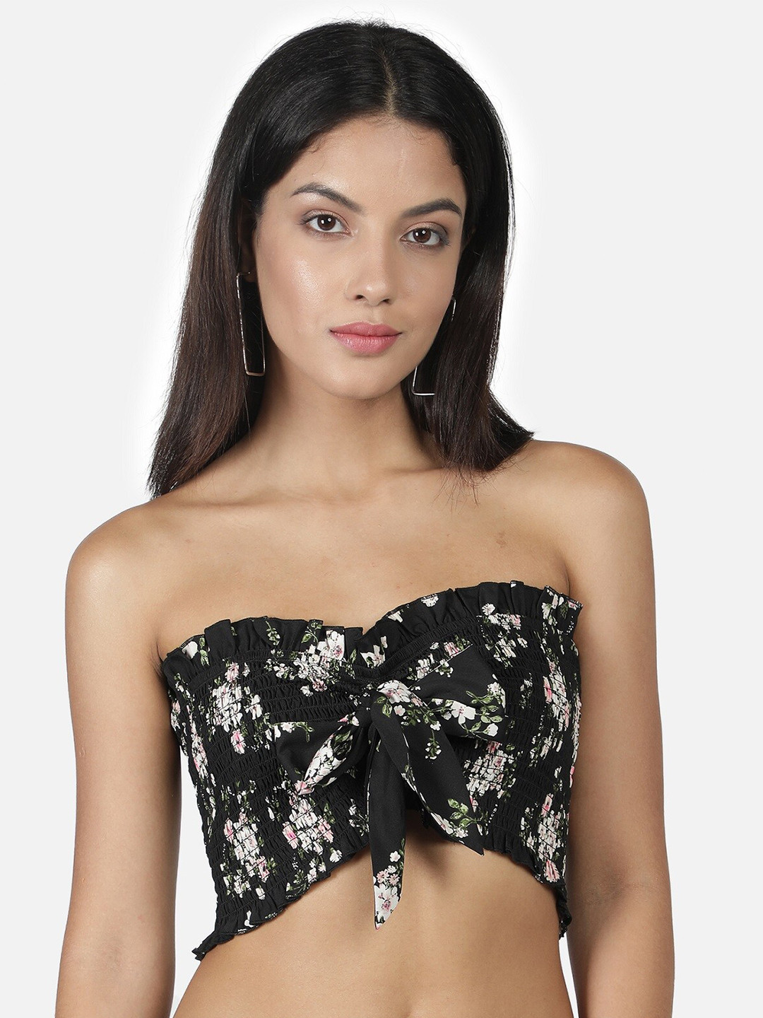 NUEVOSDAMAS Women Black Floral Print Tube Crop Top
