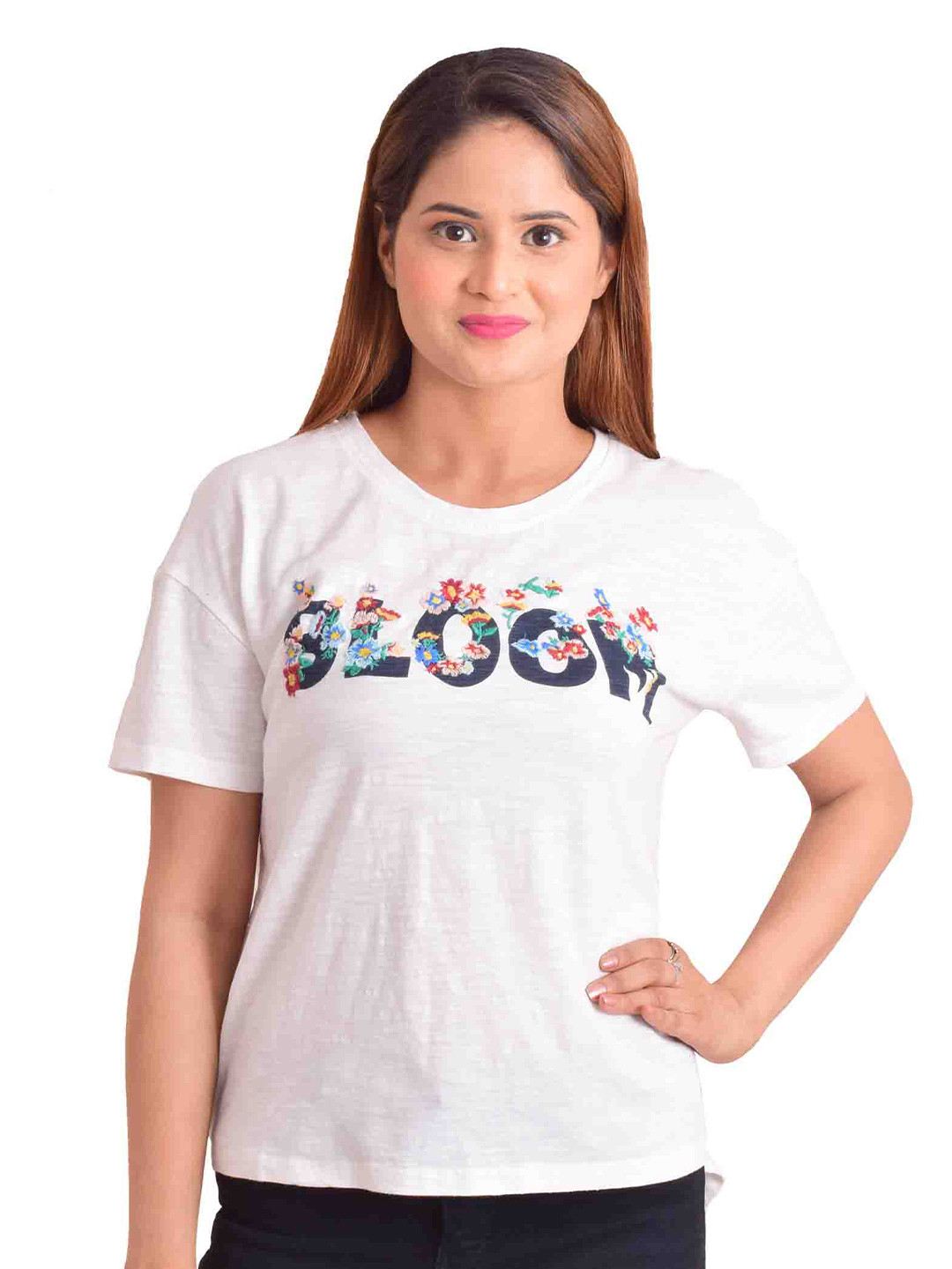 NUEVOSDAMAS Women White Solid Typography Top