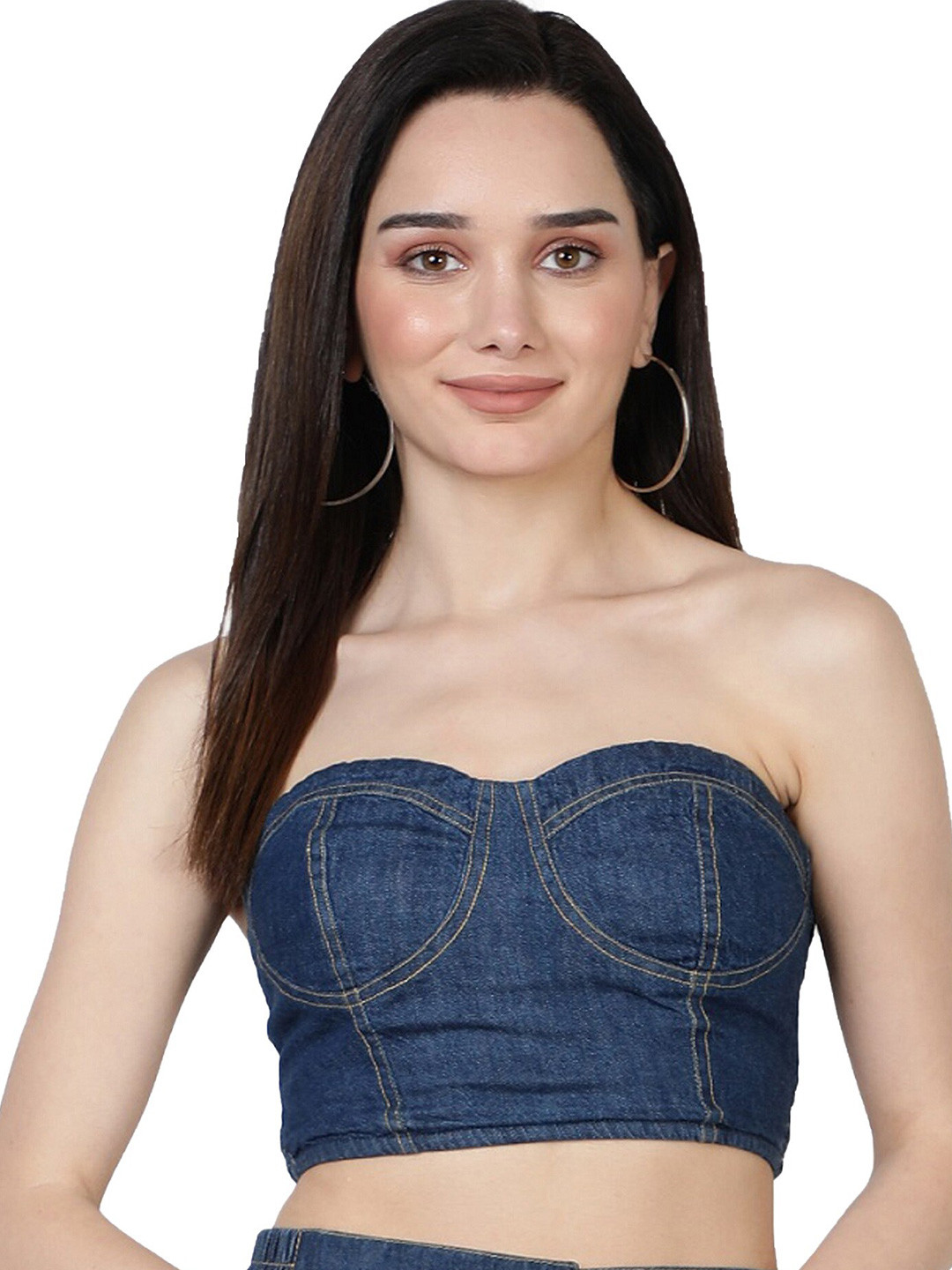 NUEVOSDAMAS Women Blue Denim Tube Crop Top