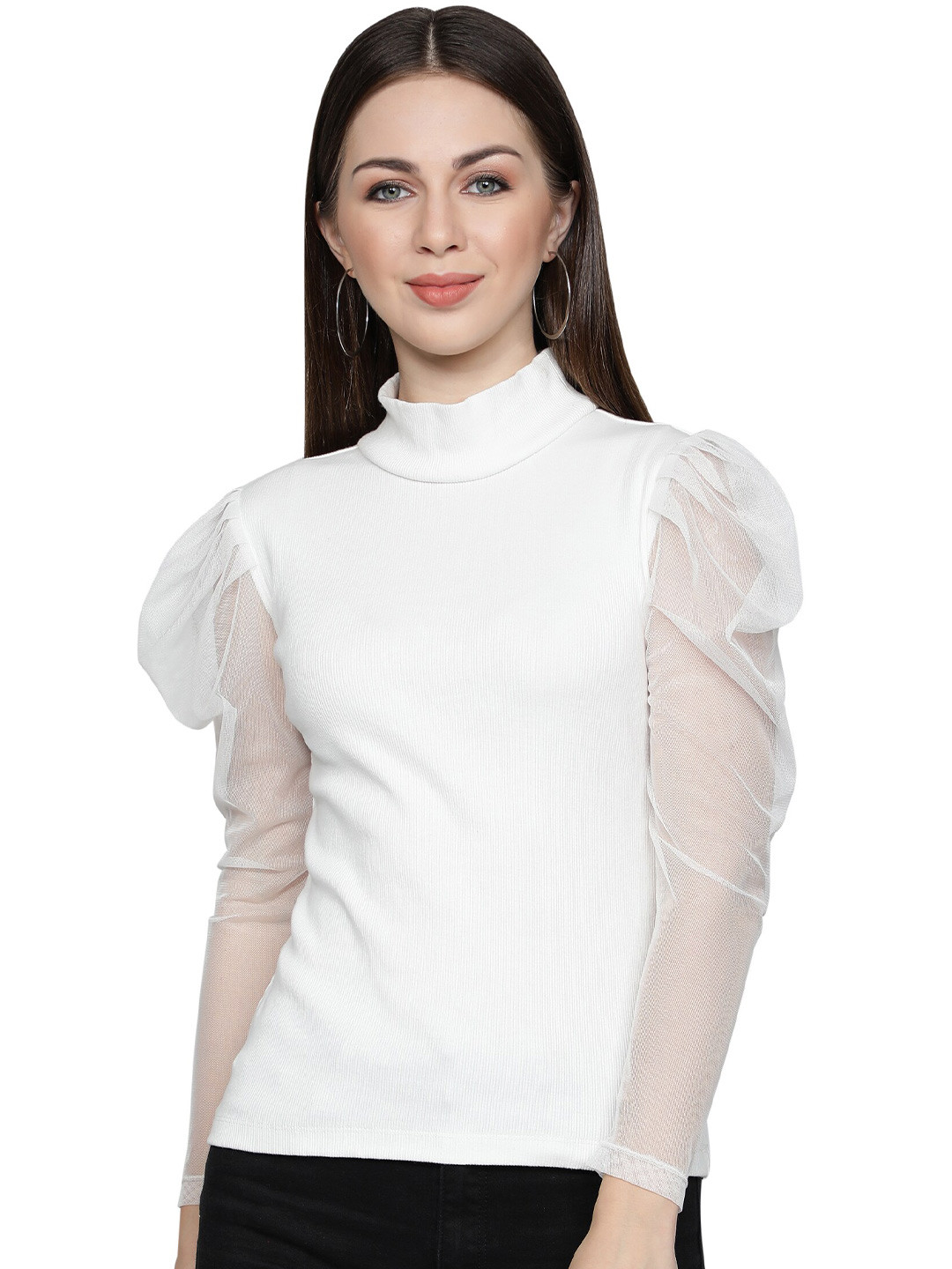 NUEVOSDAMAS Women White Solid Puff Sleeves Top