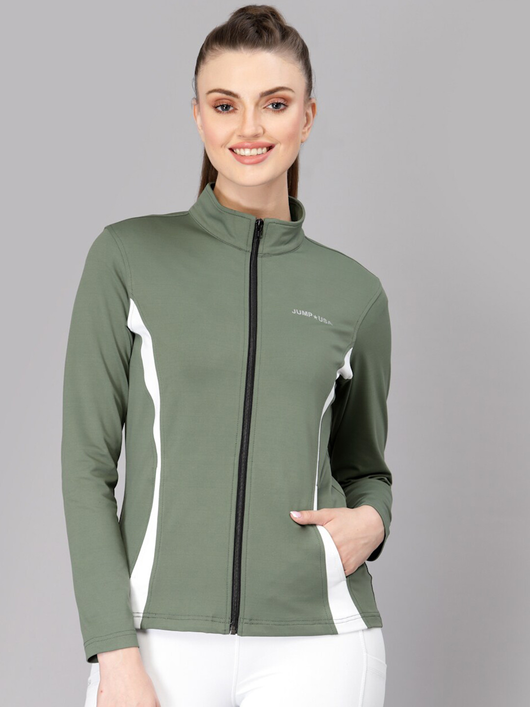 JUMP USA Women Green Longline Open Front Jacket with Embroidered
