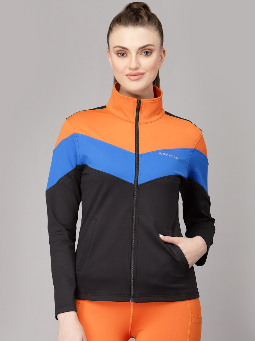 JUMP USA Women Black & Orange Colourblocked Sporty Jacket