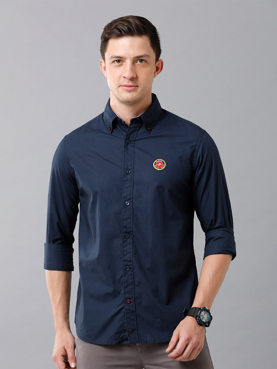Double Two Men Navy Blue Slim Fit Casual Shirt