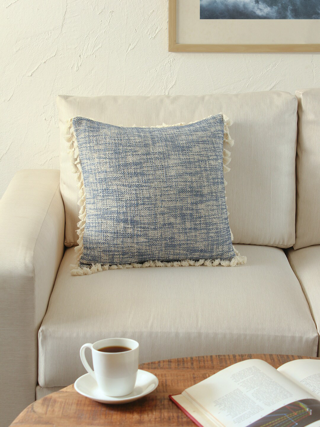 House This Blue Abstract Cotton Lightweight Square Cushion Cover -18x18In