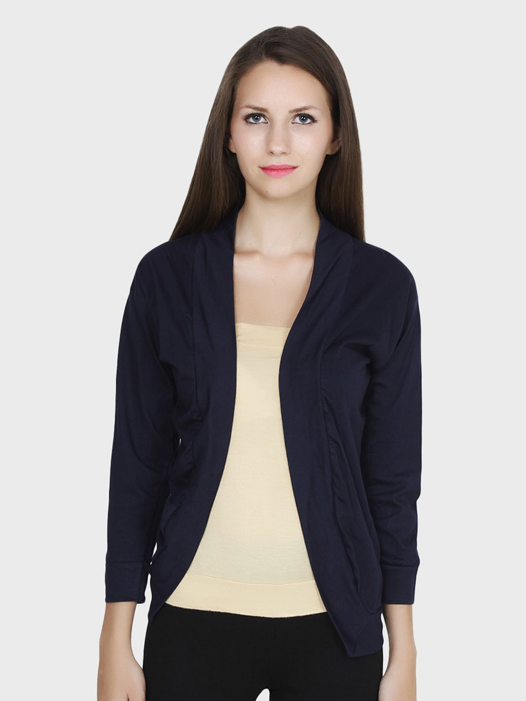 TEEMOODS Women Navy Blue Monochrome Shrug
