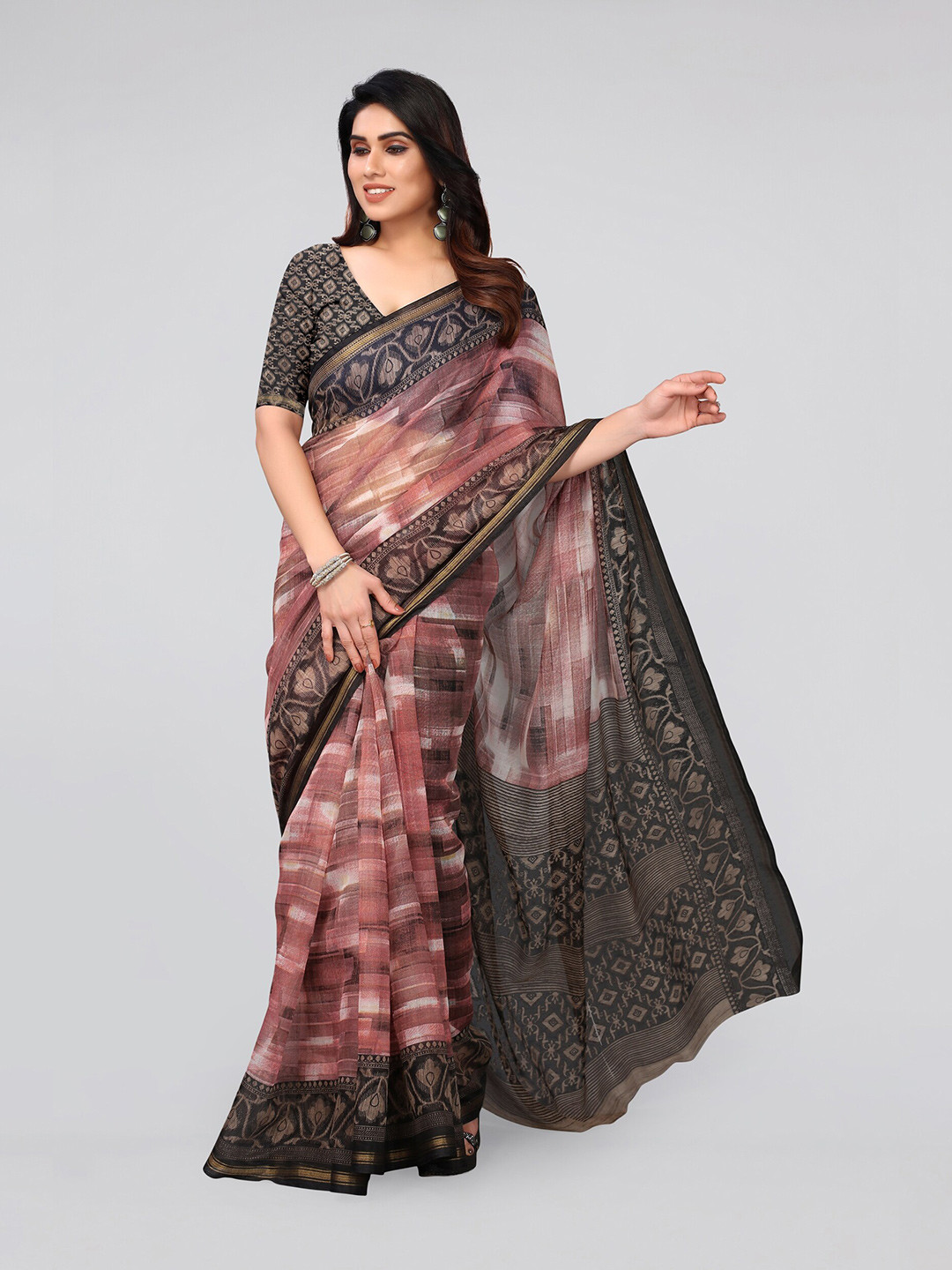 KALINI Coral & Black Zari Saree