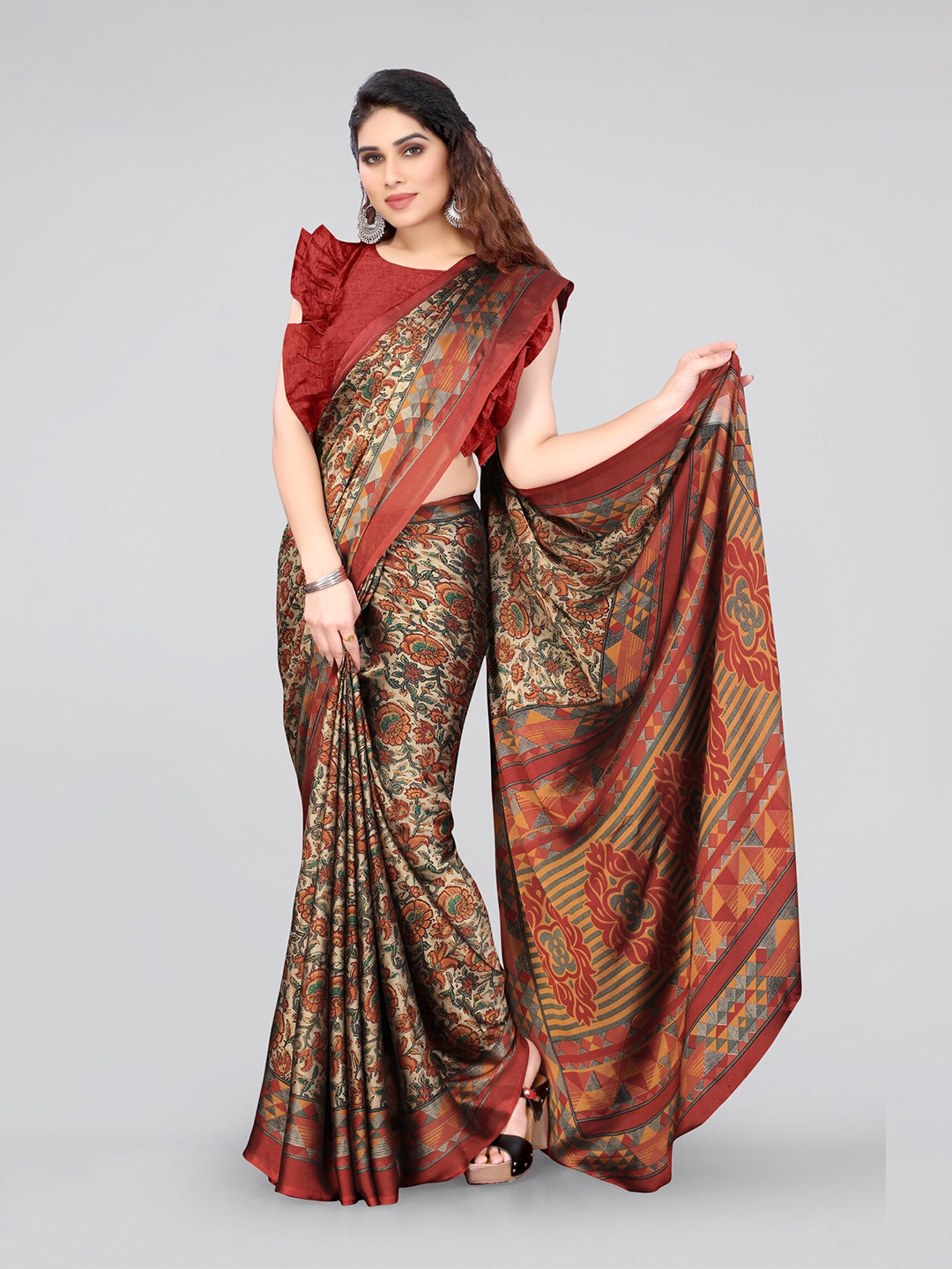 MIRCHI FASHION Maroon & Beige Floral Poly Chiffon Saree