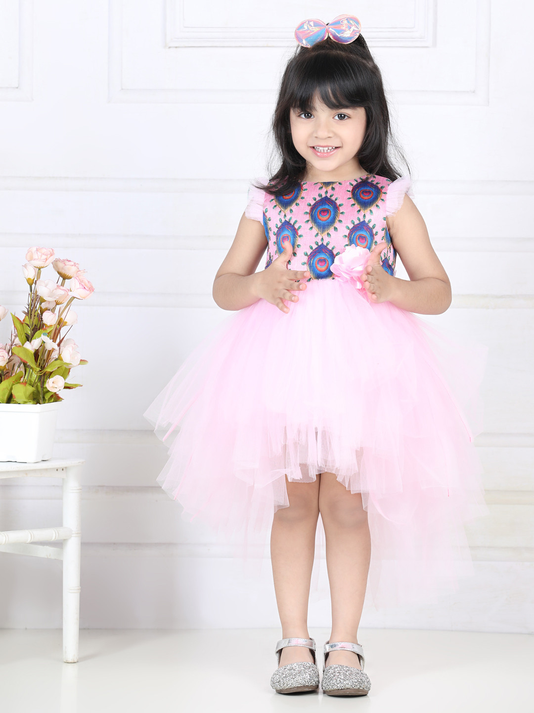 Toy Balloon kids Girls Floral Printed Net High-Low Dress