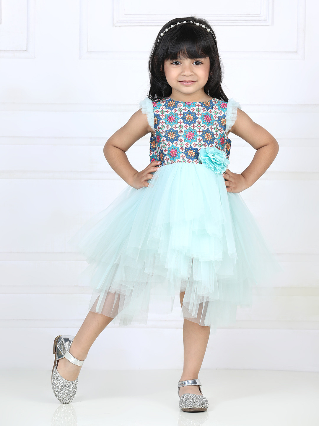 Toy Balloon kids Girls Floral Printed Hi- Low Fit & Flare Net Dress