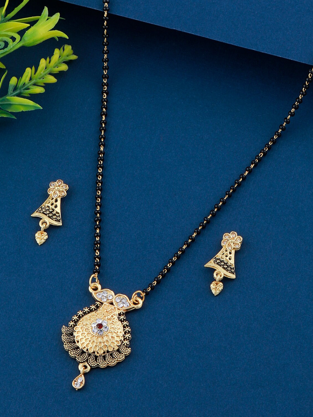 Silver Shine Gold-Plated Black & White Stone Studded  & Beaded Mangalsutra With Earrings