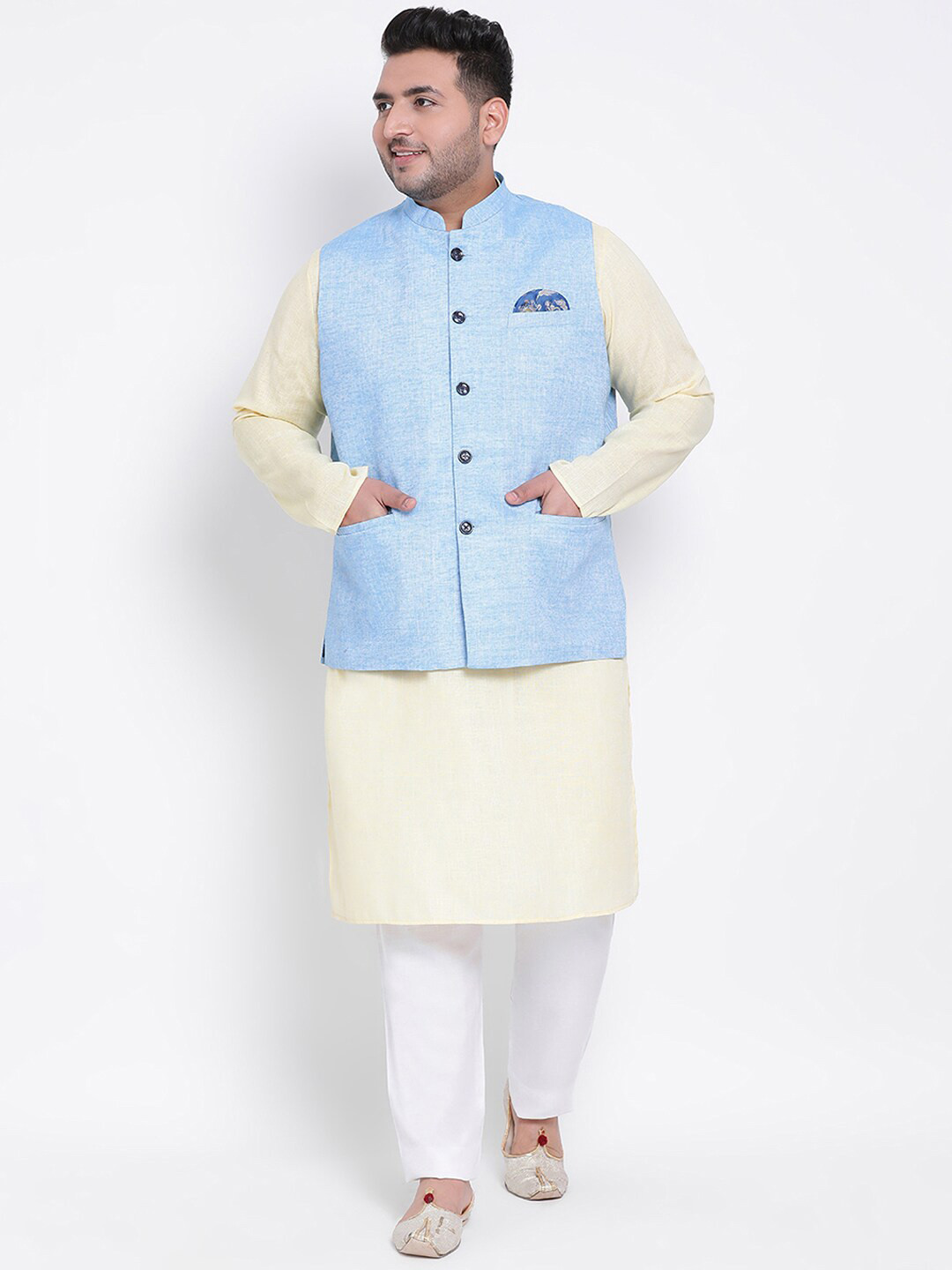 Hangup Men Yellow Linen Kurta with Pyjamas & Nehru Jacket Set