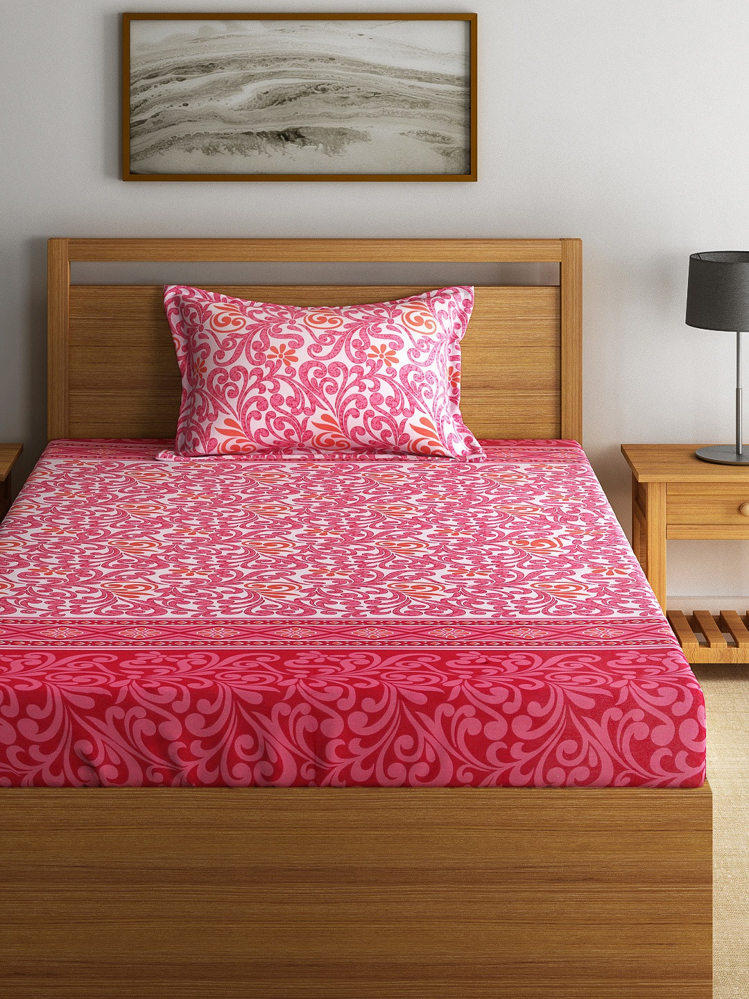 Swayam Eco Pink Ethnic Motifs Cotton 144 TC Single Bedsheet with a Pillow Cover-90 x 60 inches