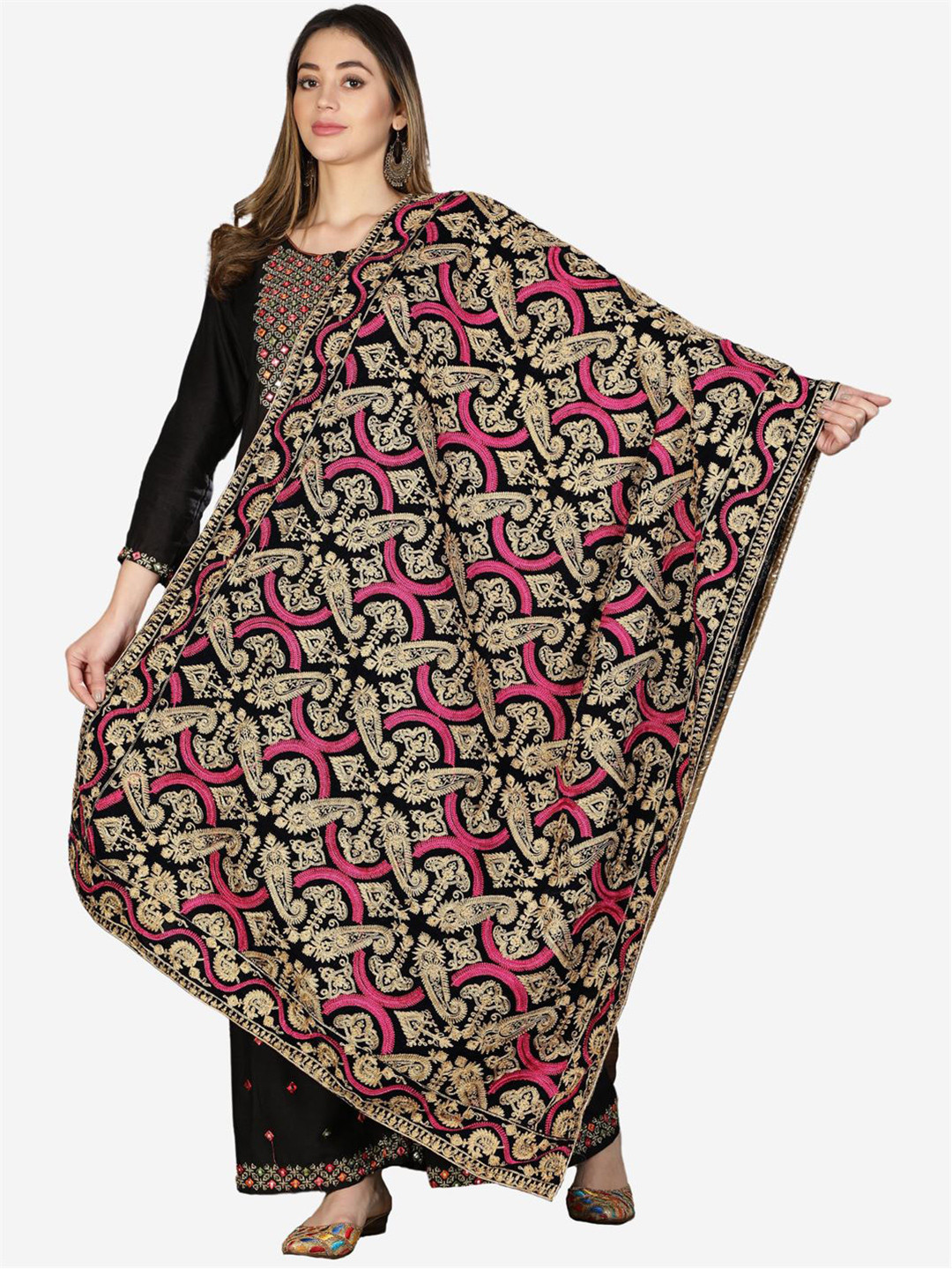 Moda Chales Navy Blue & Gold-Toned Embroidered Velvet Dupatta