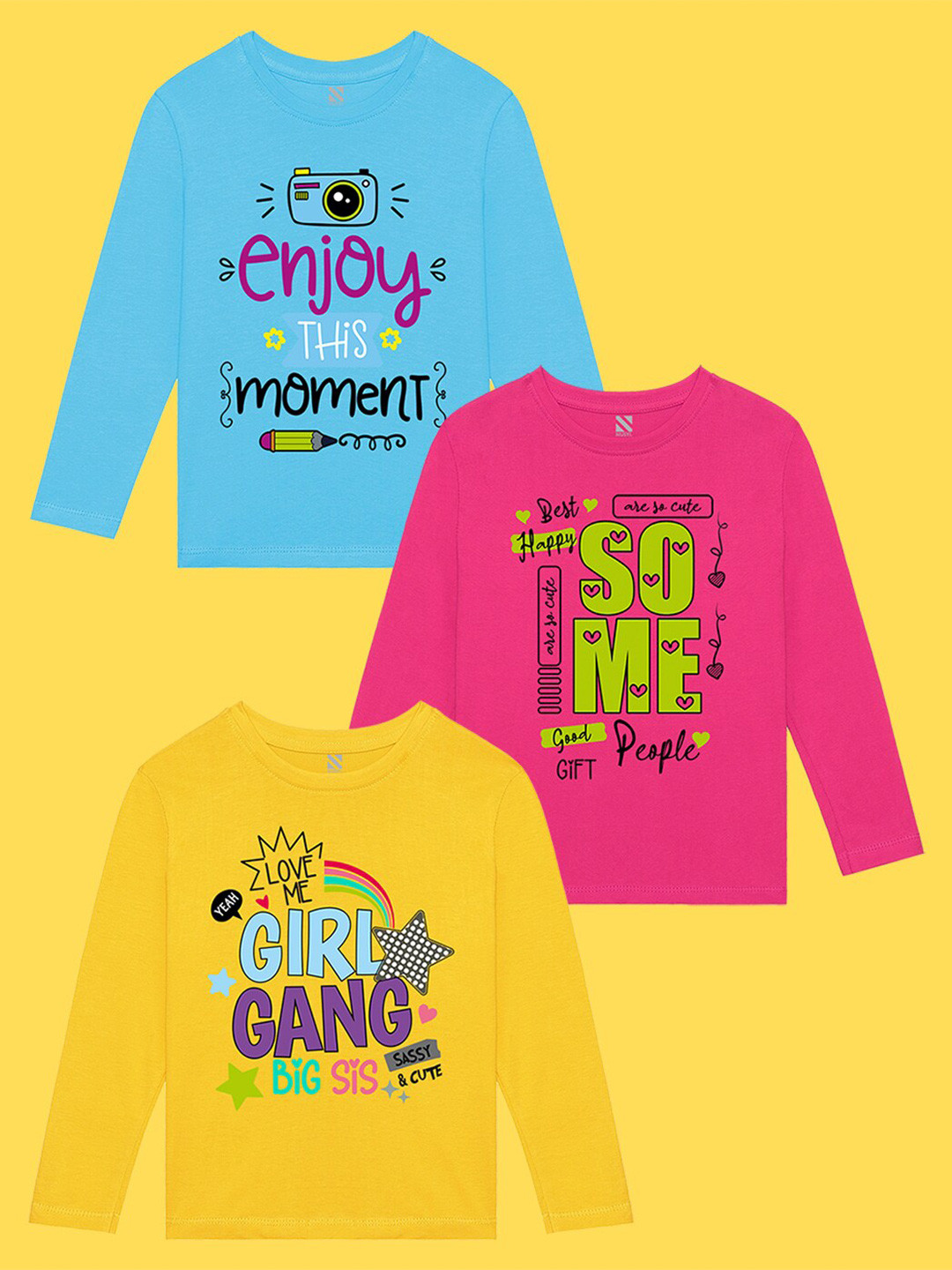 Nusyl Girls Pack of 3 Blue & Yellow Printed T-shirt