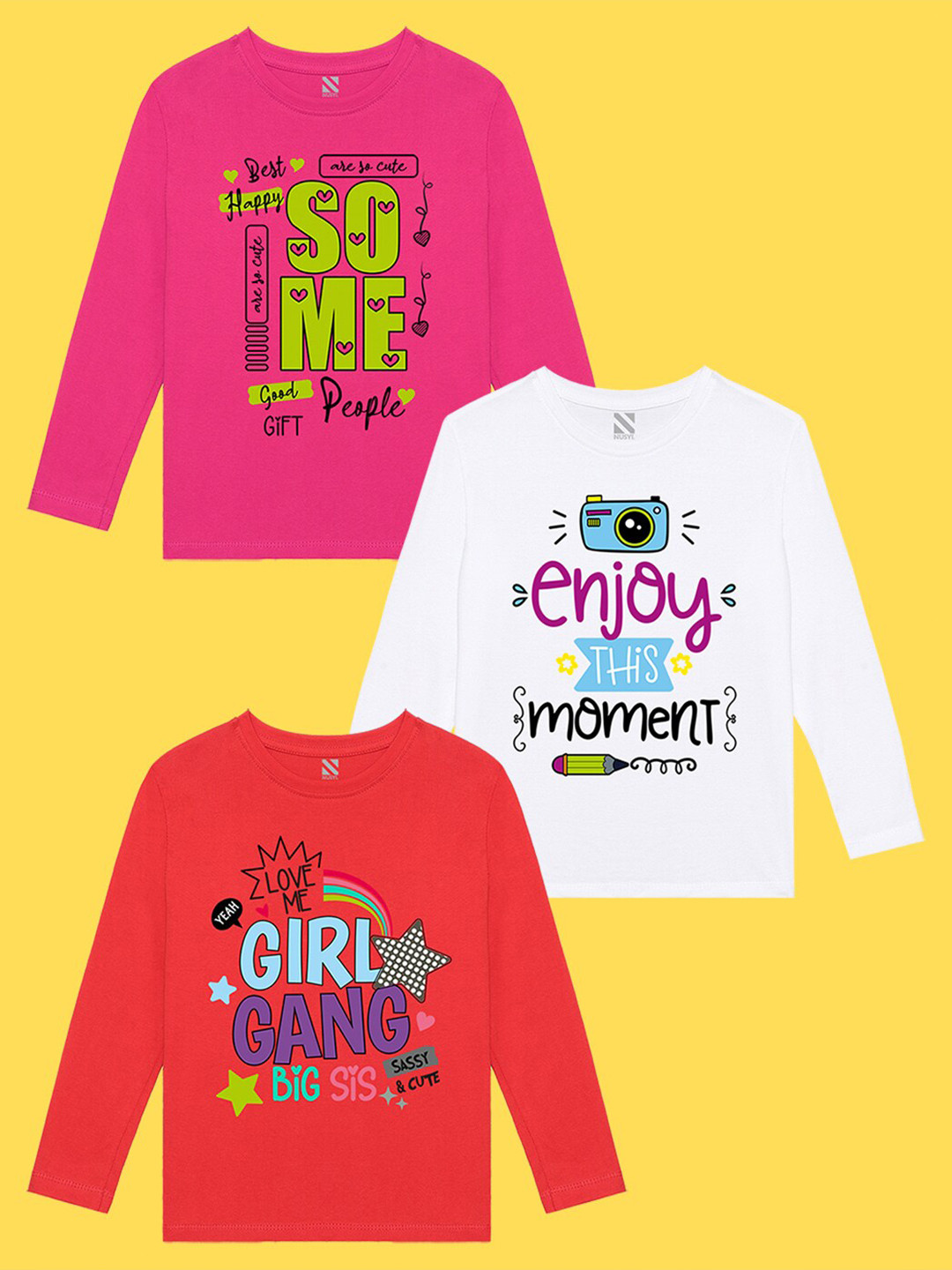 NUSYL Girls Pack of 3 Pink & Red Printed T-shirt
