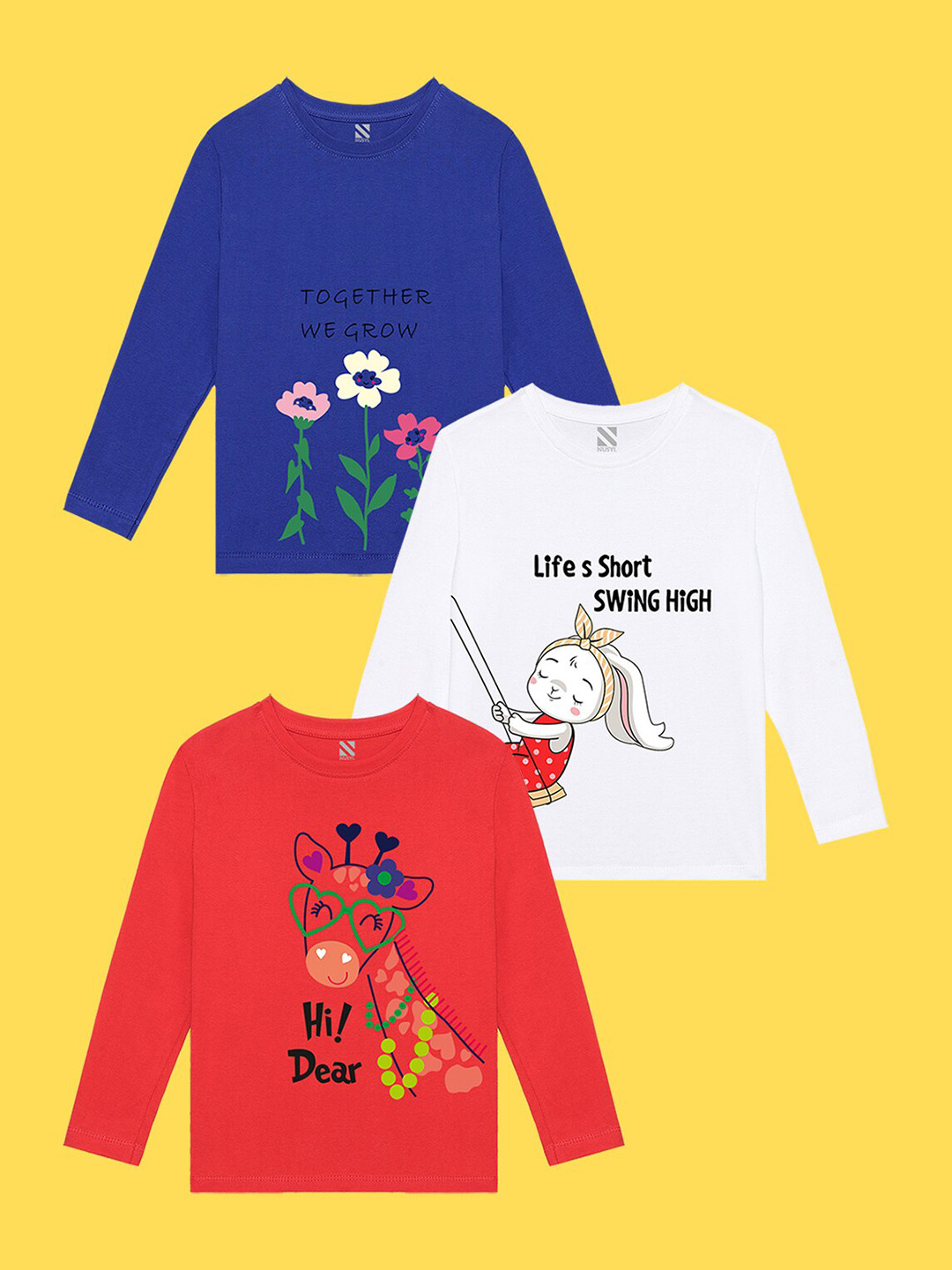 NUSYL Girls Pack of 3 Blue & Red Printed T-shirt