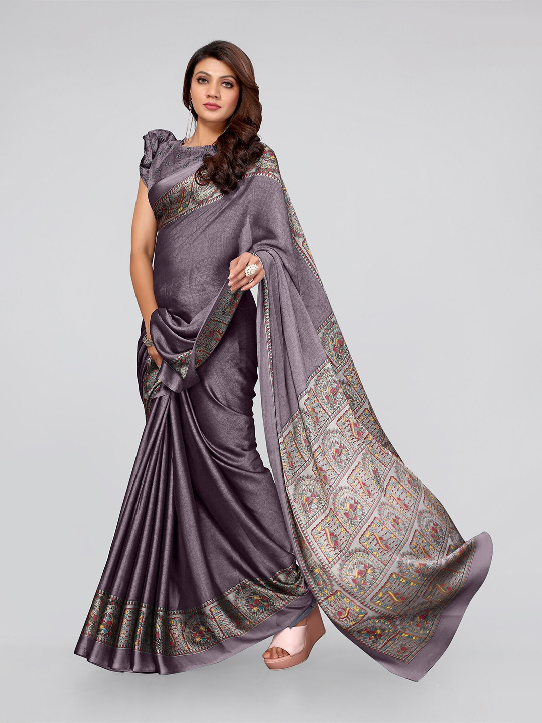 MIRCHI FASHION Violet & Beige Ethnic Motifs  Poly Chiffon Saree