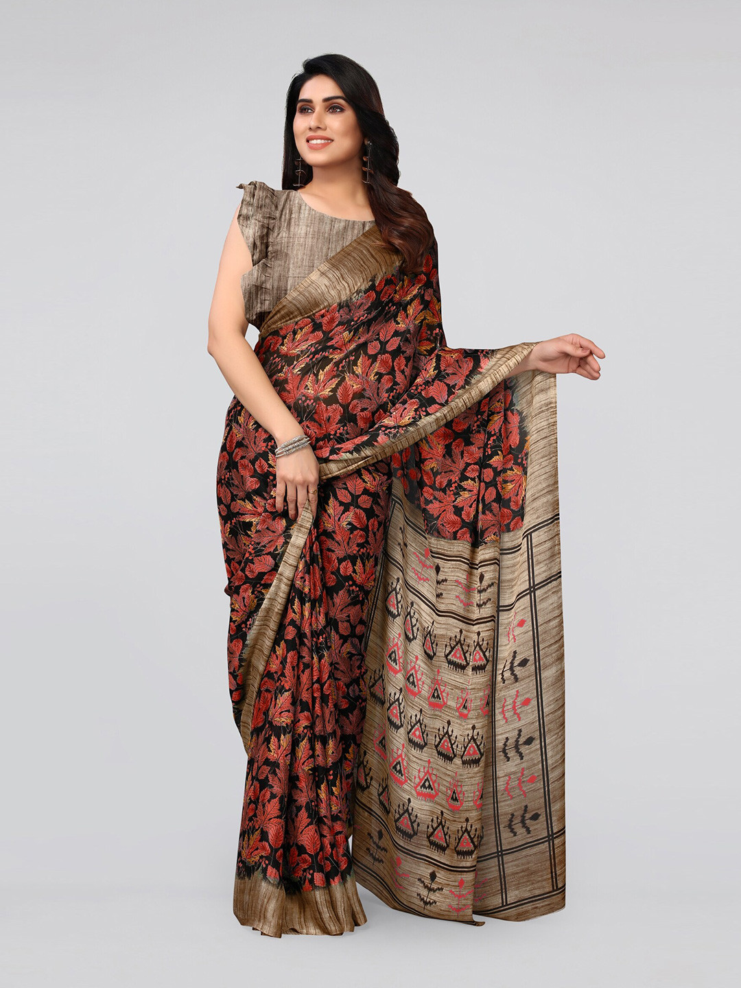 MIRCHI FASHION Black & Red Floral Saree
