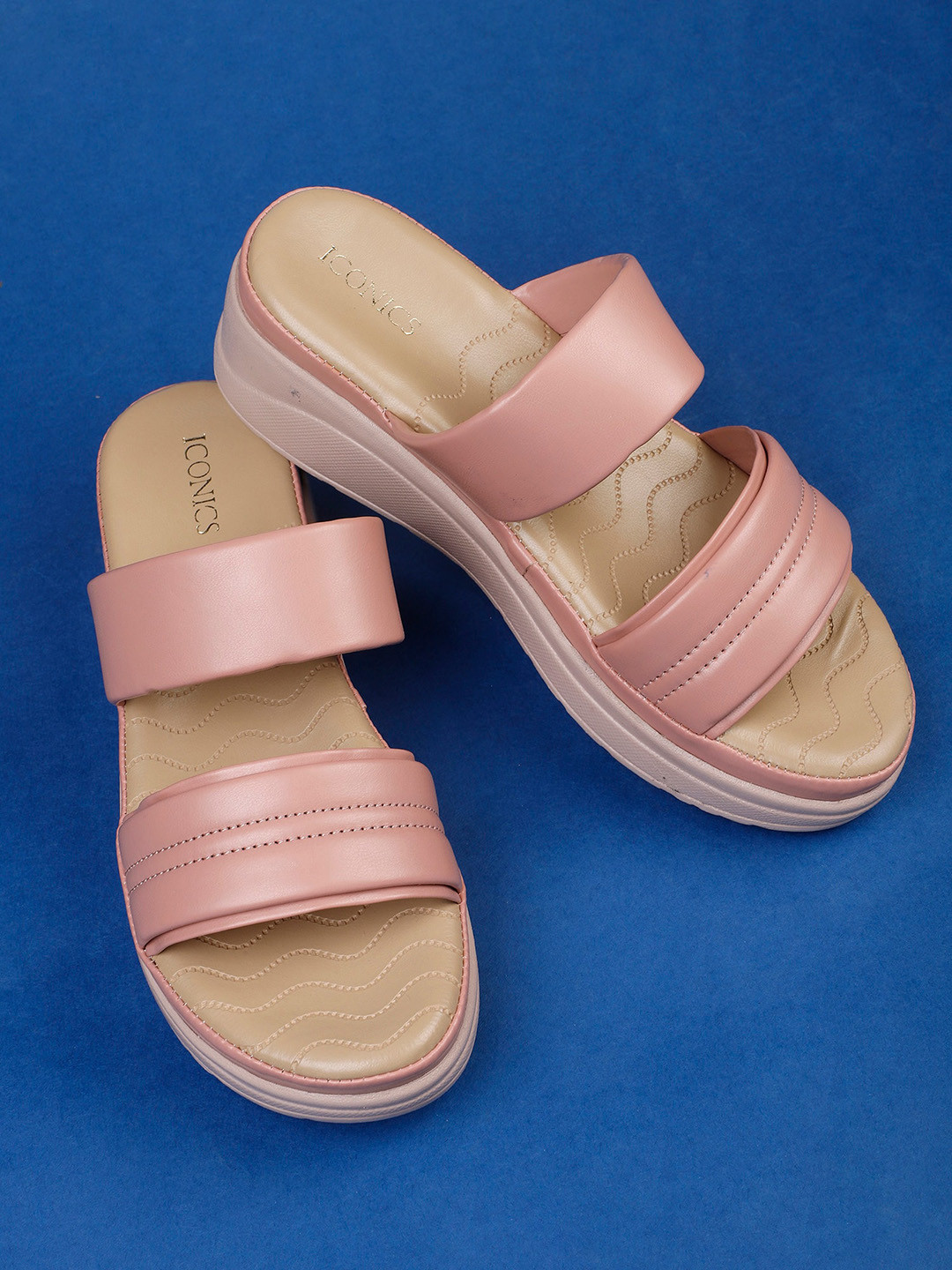 ICONICS Peach-Coloured Textured Wedge Sandals
