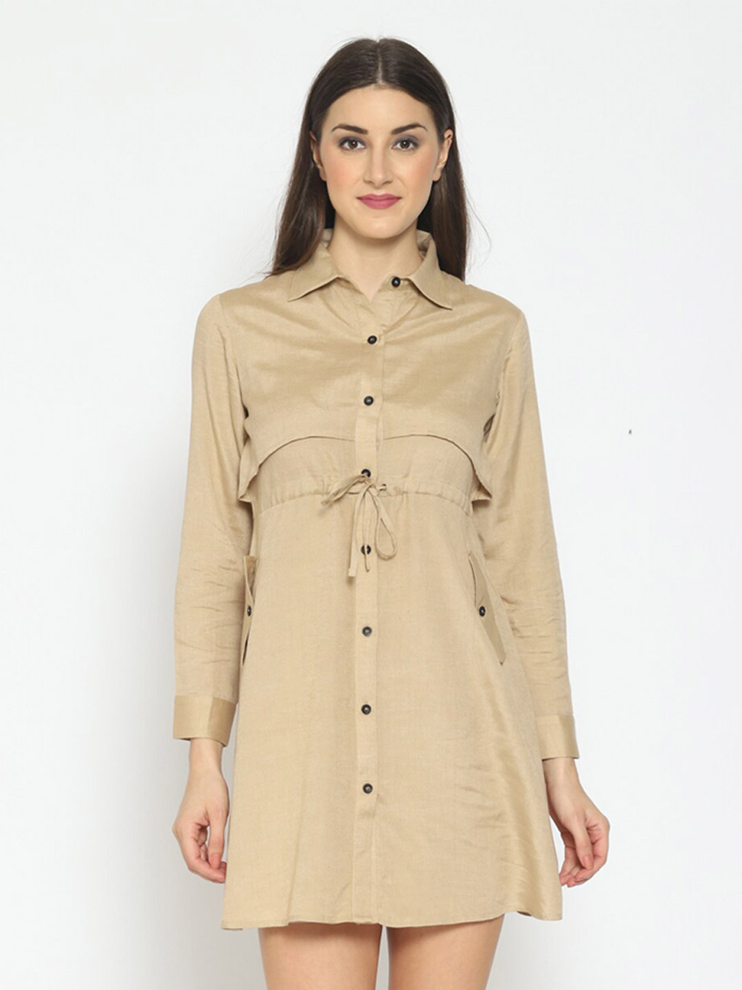 Fuchsia Women Long Cuffed Sleeves Shirt Mini Dress