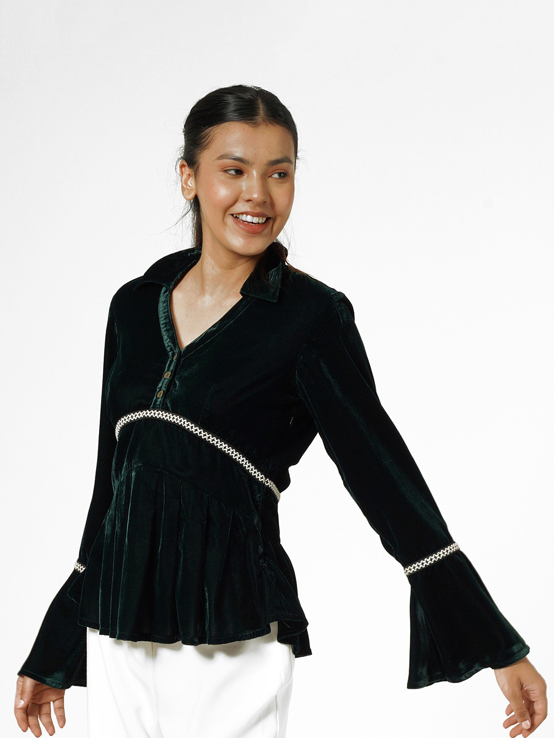 Taurus Women Green Solid Cinched Waist Velvet Top
