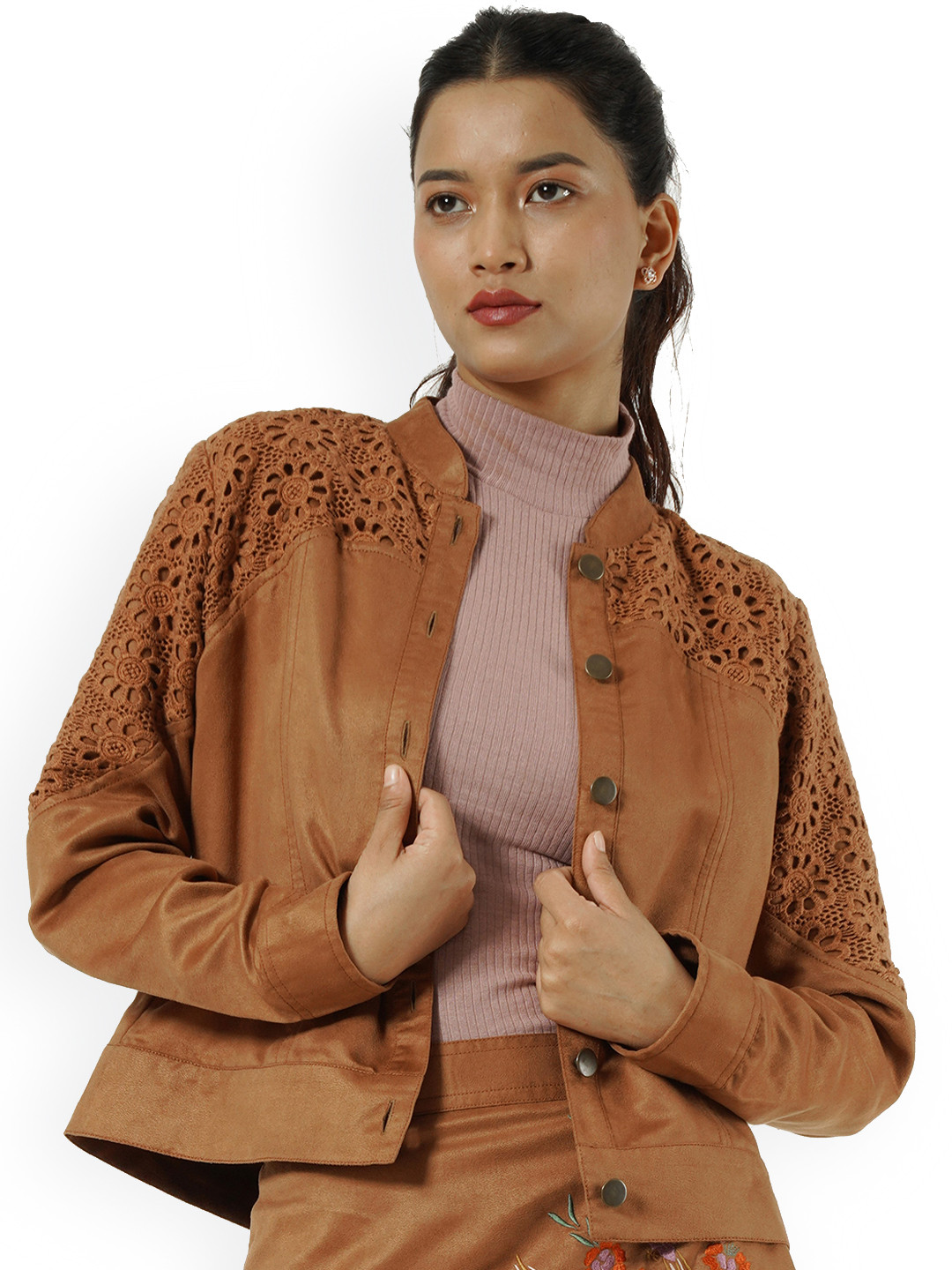Taurus Women Beige Suede Laced Tailored Jacket