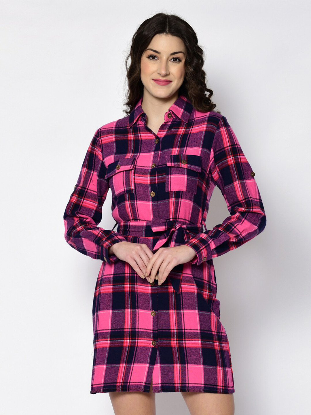 Fuchsia  Women Pink & Black Checked Shirt Dress