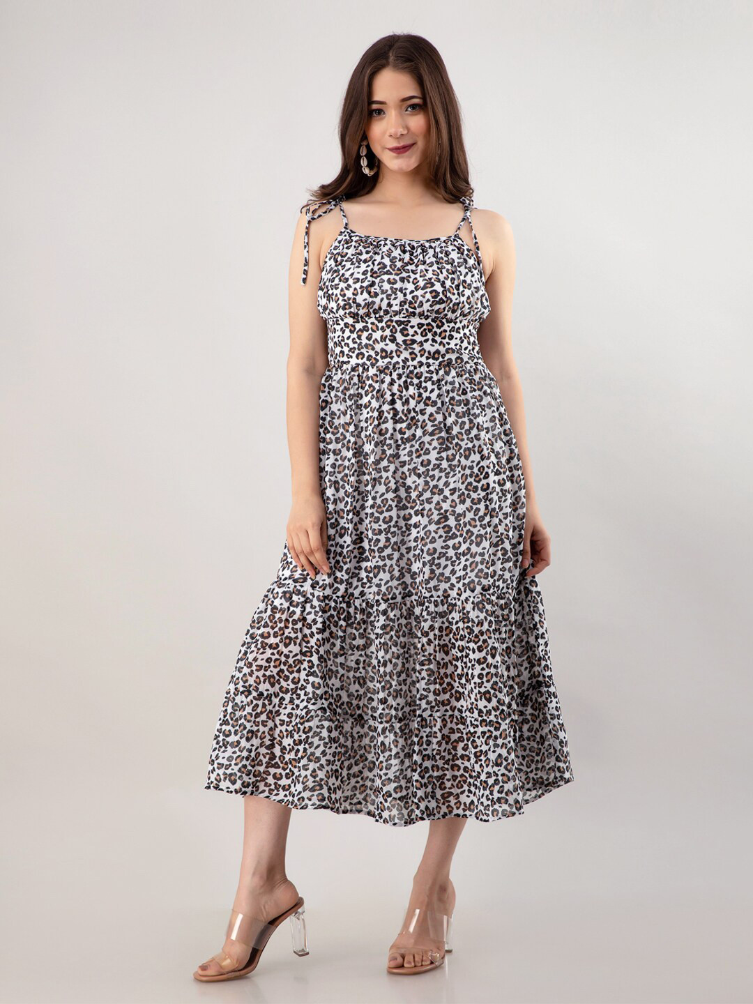 Fuchsia  White Animal Printed Chiffon Midi Dress