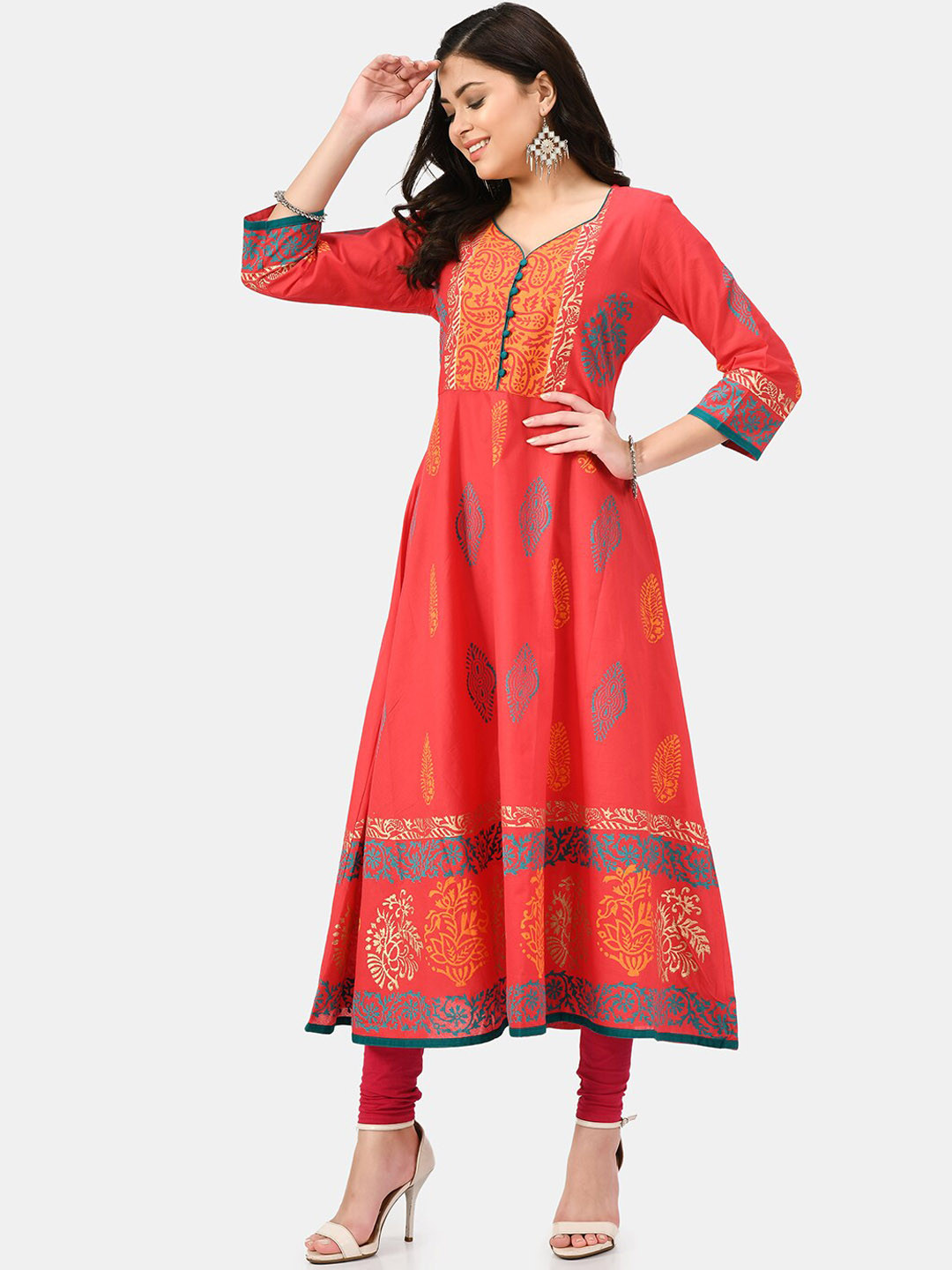 RIYA Women Pink Ethnic Motifs Printed Block Print Anarkali Kurta