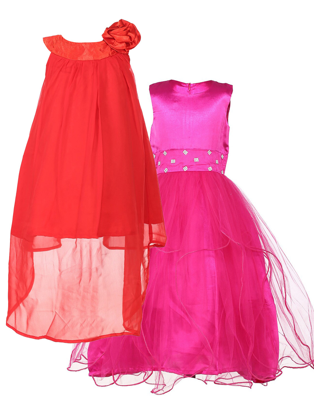 Samsara Couture Pink & Red Embellished Pack Of 2 Net A-Line Dress