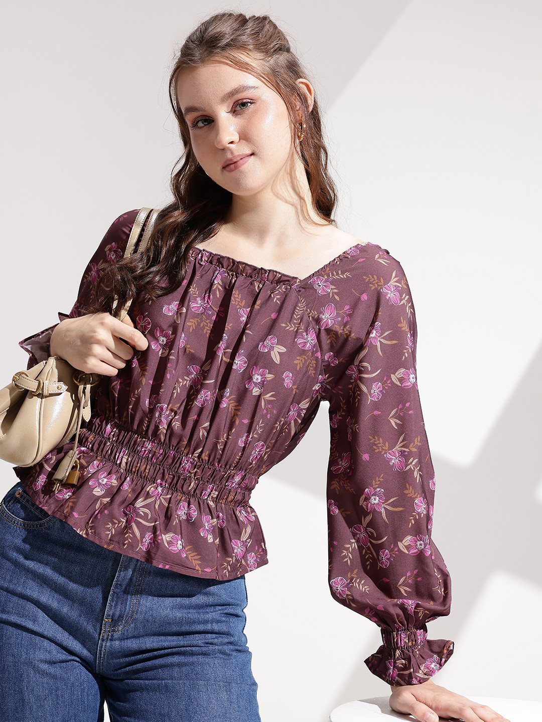 encore by INVICTUS Floral Printed Gathers A-Line Top