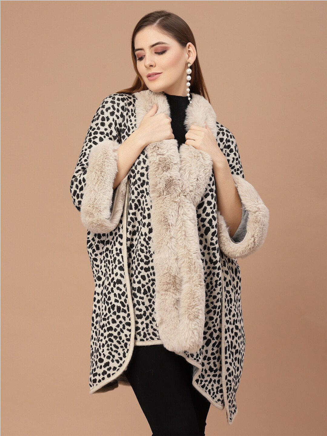 Mafadeny Women Beige & Black Animal Printed Poncho