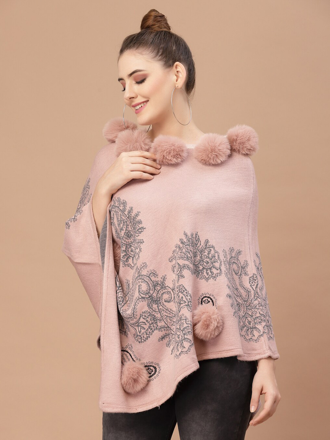 Mafadeny Women Peach-Coloured & Grey Poncho