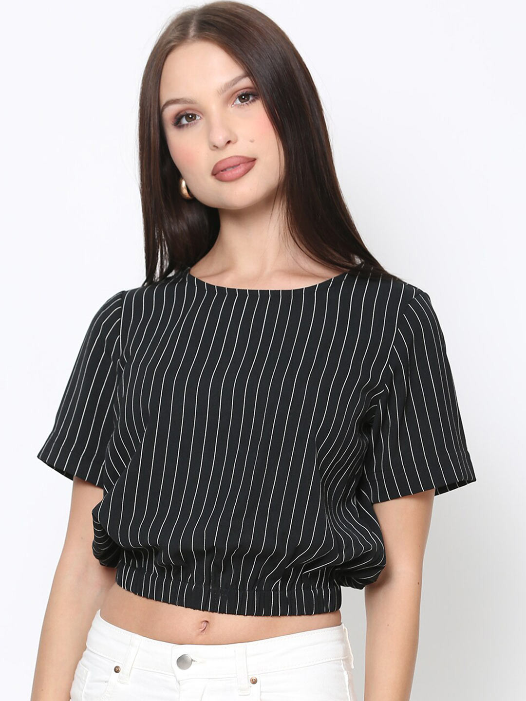 DRIRO Women Black Striped Print Poly Moss Blouson Crop Top