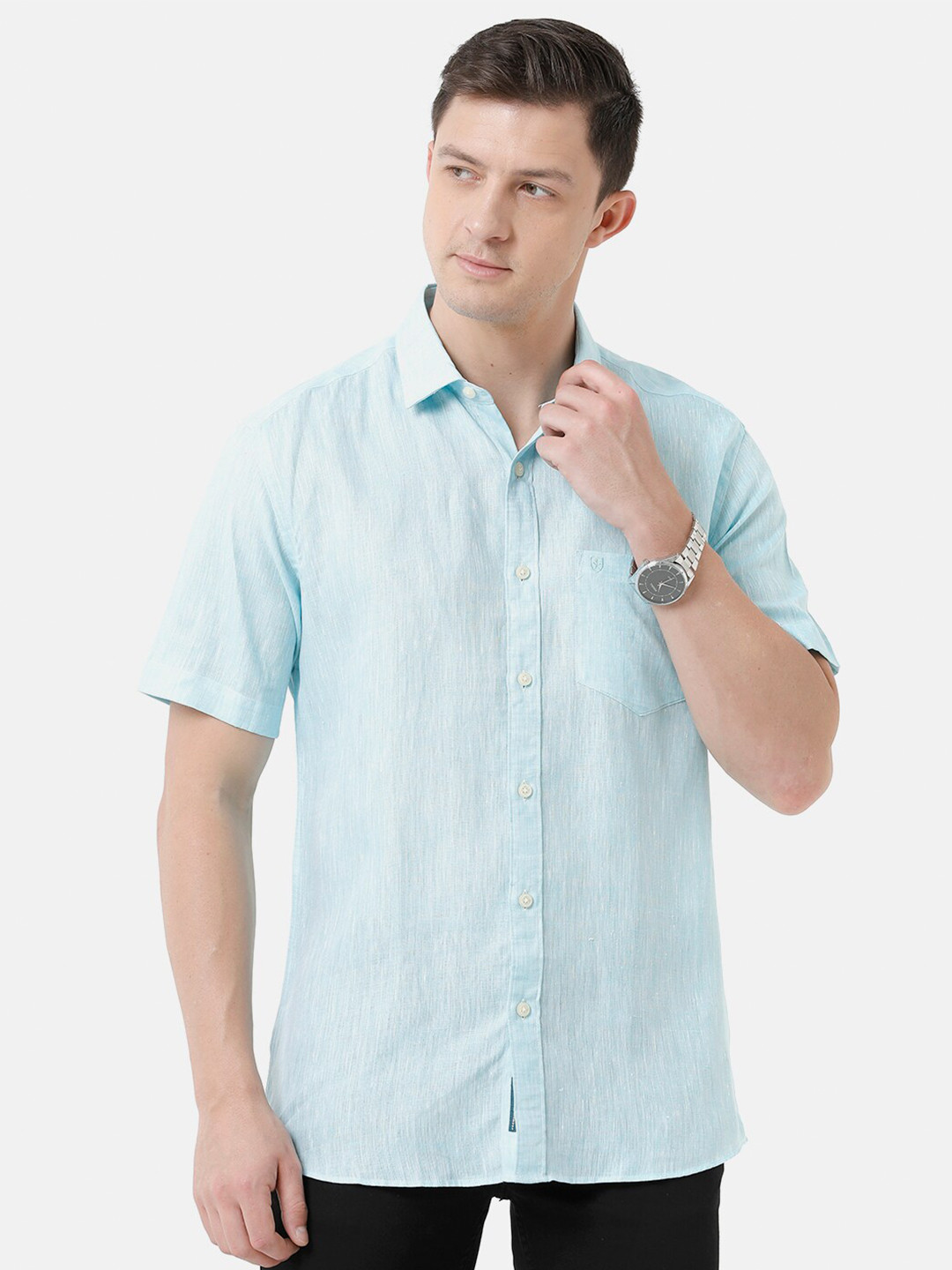 Linen Club Men Turquoise Blue Solid Sustainable Casual Regular Fit Linen Shirt