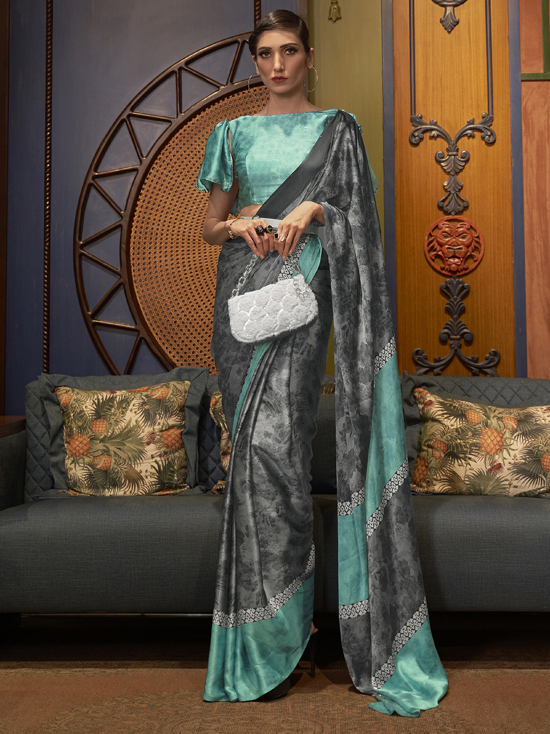Mitera Grey & Sea Green Printed Crepe Saree