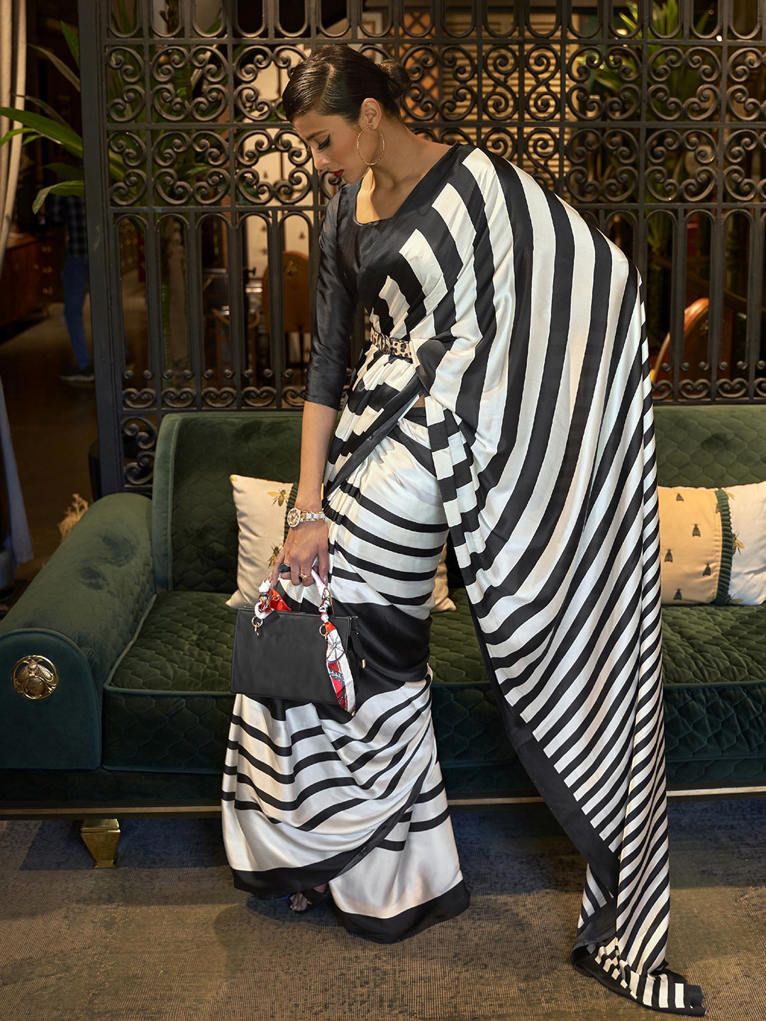 Mitera Off White & Black Printed Striped Saree