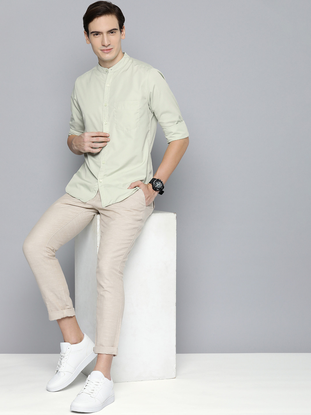 Harvard Band Collar Long Sleeves Casual Shirt