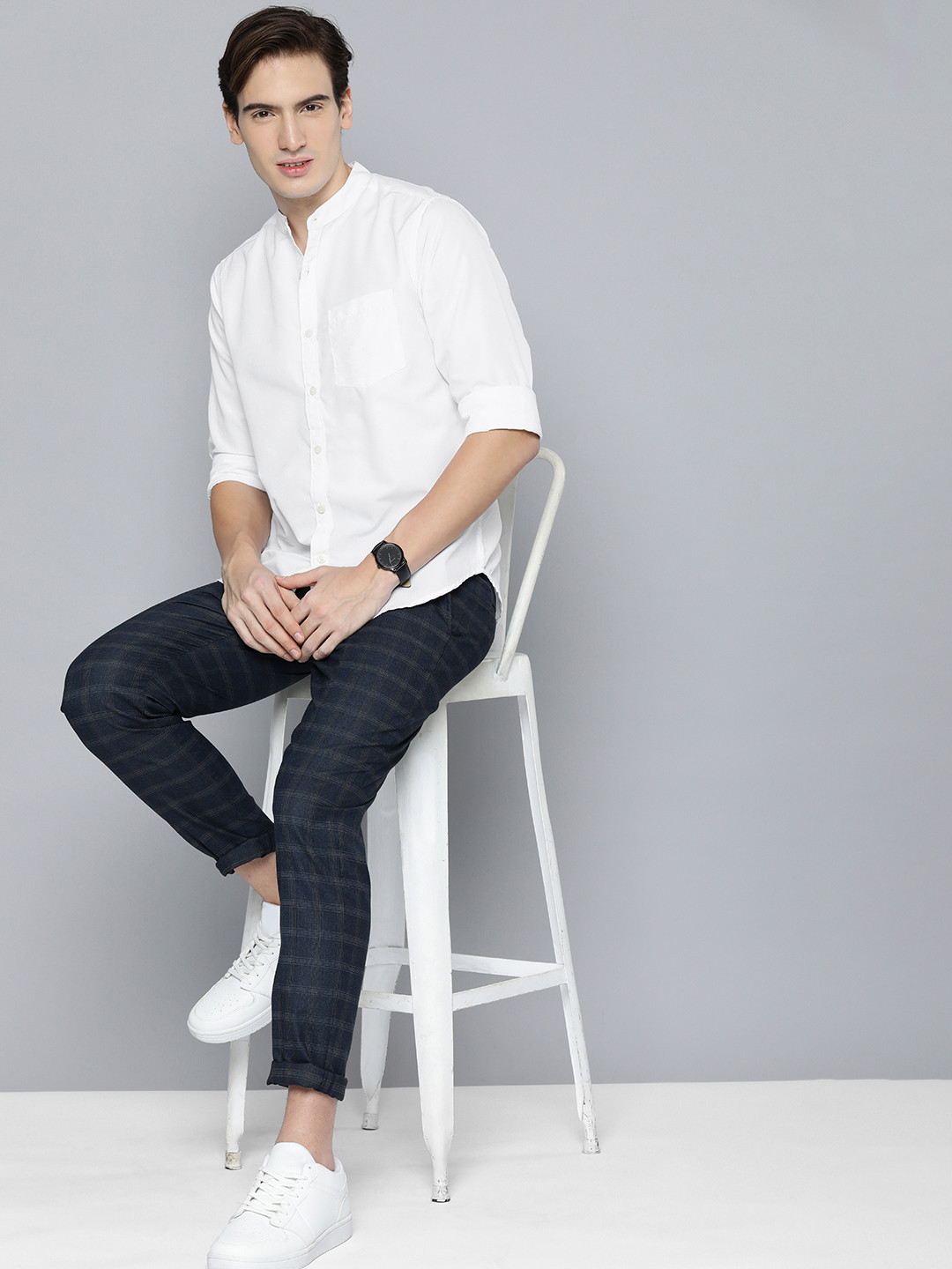 Harvard Band Collar Long Sleeves Casual Shirt