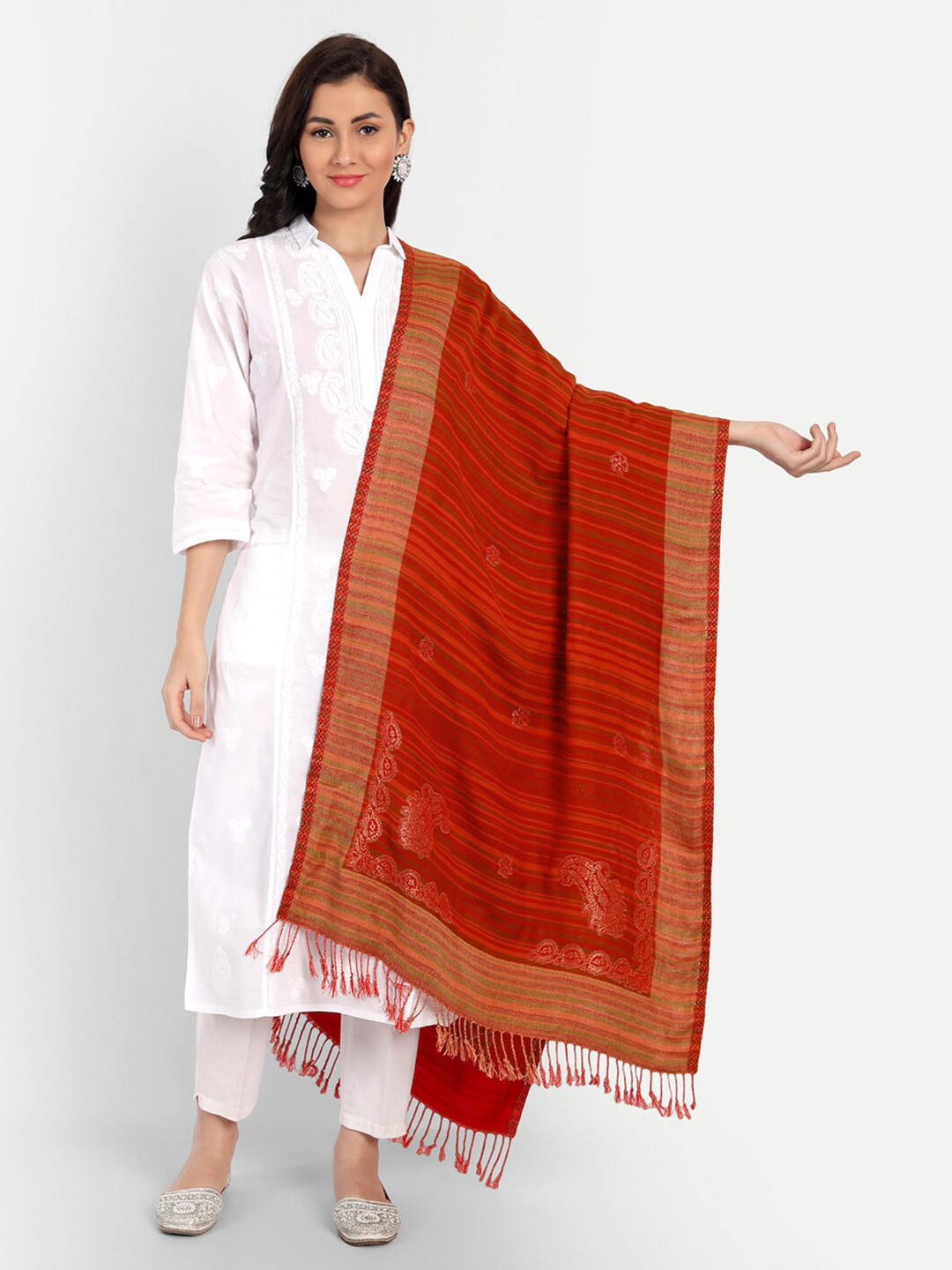 HK colours of fashion Women Red & Gold-Toned Striped Stole