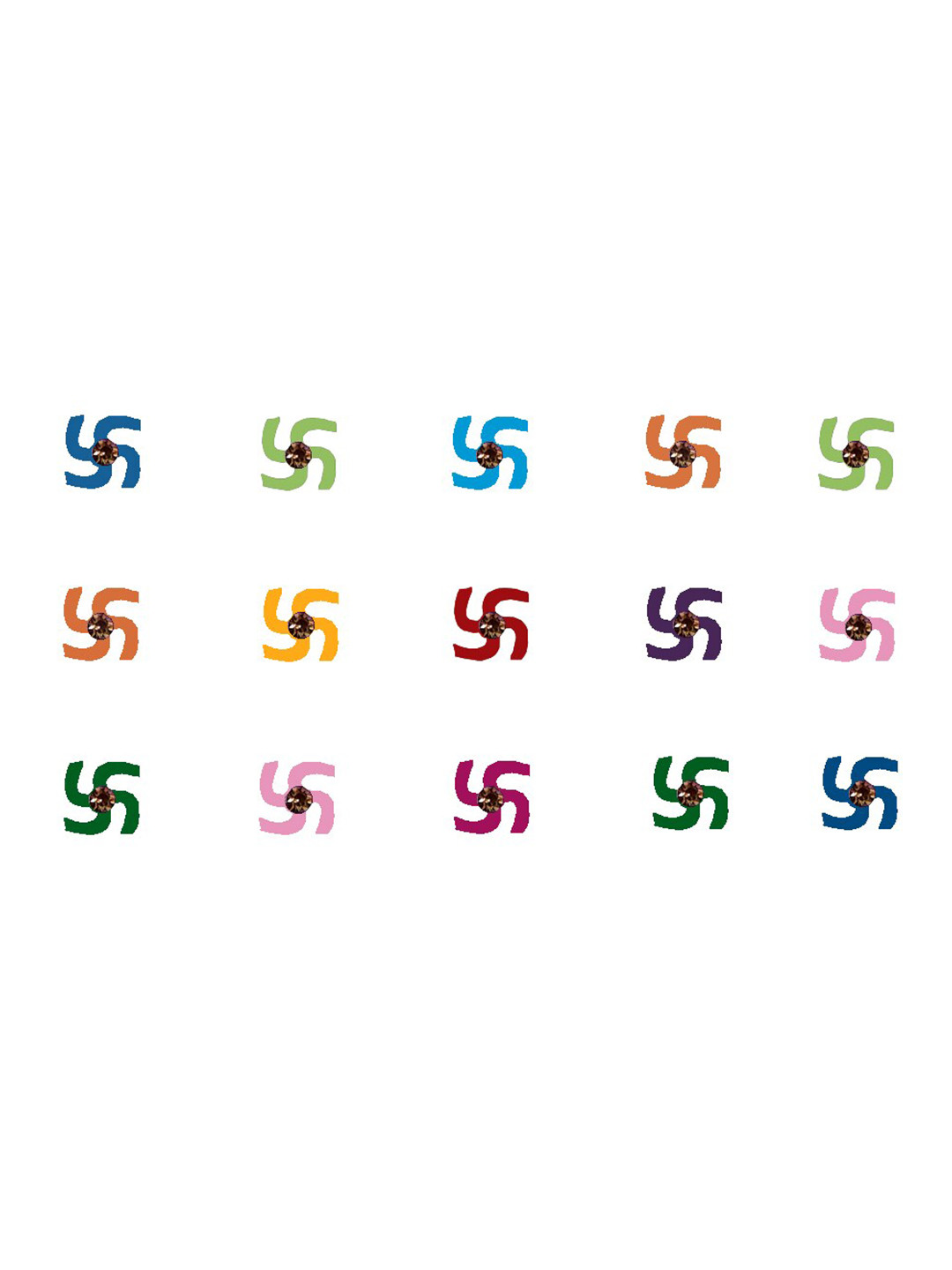 Comet Busters 15 Pcs Embellished Reusable Swastika-Shaped Designer Bindis - Multicoloured